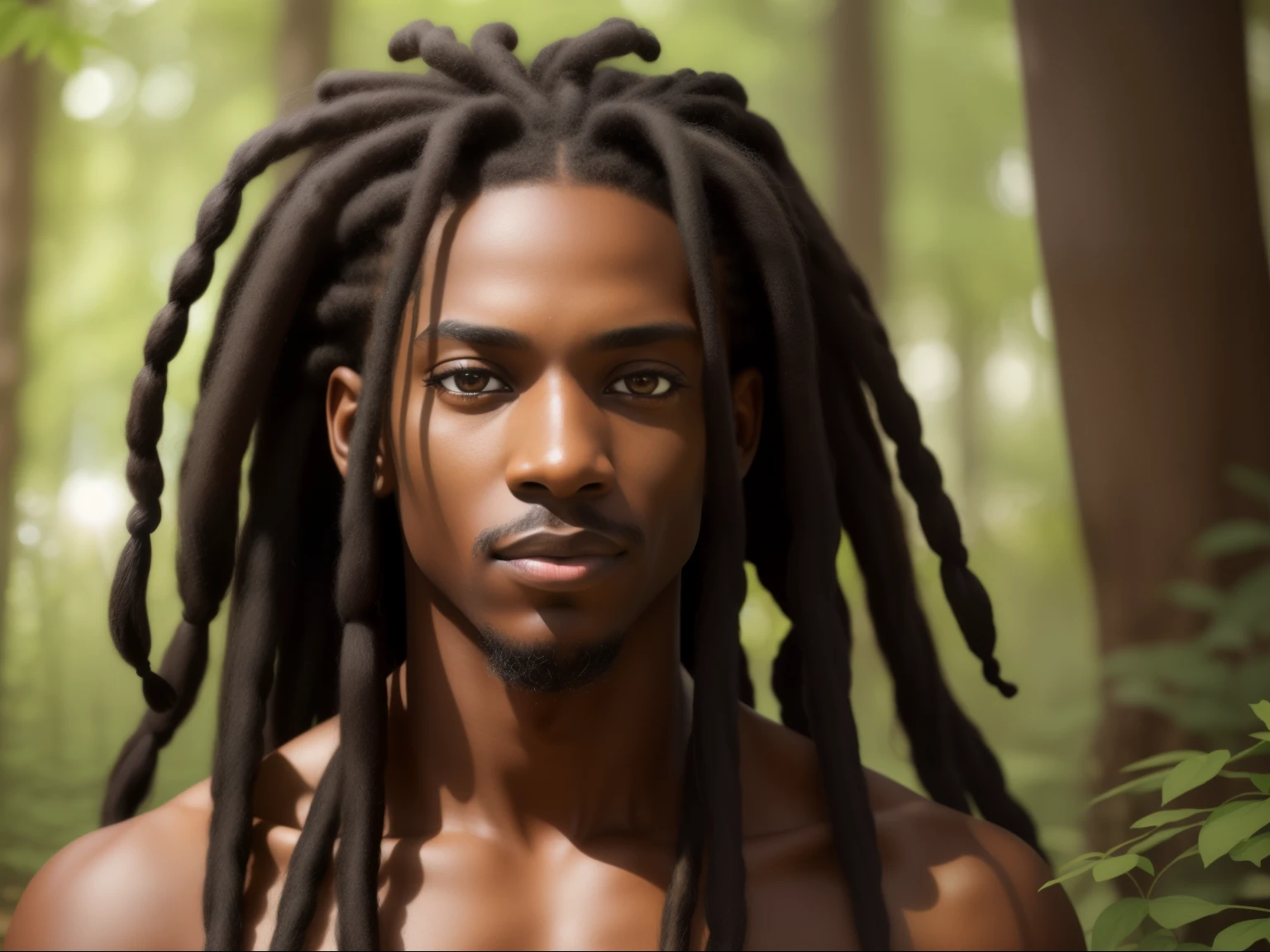 Create the photographic image of a completely naked Black boy, raw and unfiltered, (Extra long dreadlocks:1.3), ((Detailed face:1.2)), ((defined facial features)), (finely detailed skin with unique textures), tanned, ((Portrait:1.5)), in a natural setting, ((Background without humans:1.25)), Probably in a forest or by a waterfall, ((sunlight filter:1.3)), highlighting his natural beauty, ((Realistic:1.3)), ((Super realistic:1.3)), photographed with a Canon EOS R6, 50mm lens, F/1.8, (High resolution:1.