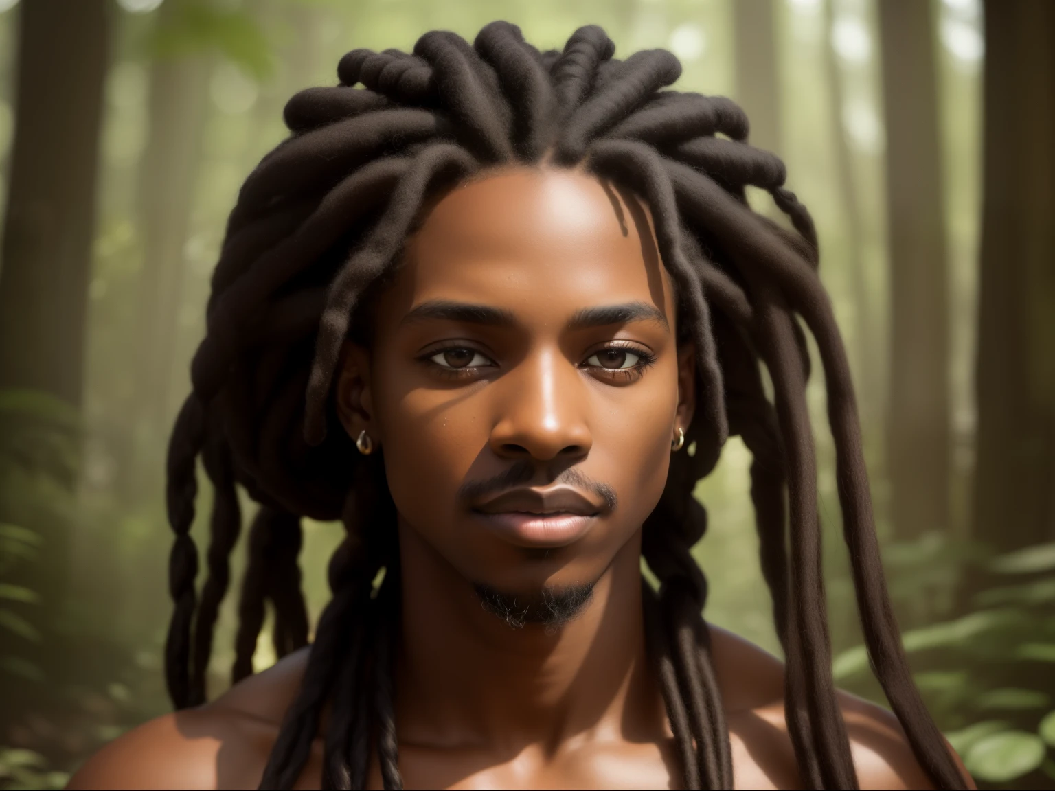Create the photographic image of a completely naked Black boy, raw and unfiltered, (Extra long dreadlocks:1.3), ((Detailed face:1.2)), ((defined facial features)), (finely detailed skin with unique textures), tanned, ((Portrait:1.5)), in a natural setting, ((Background without humans:1.25)), Probably in a forest or by a waterfall, ((sunlight filter:1.3)), highlighting his natural beauty, ((Realistic:1.3)), ((Super realistic:1.3)), photographed with a Canon EOS R6, 50mm lens, F/1.8, (High resolution:1.