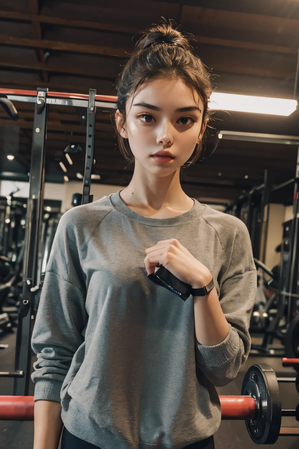 Araped woman with short hime hair, doing strength training at the gym, Madison Beer, without makeup, Profile picture, Use Instagram Filters, Subtle soft and dim light,  perfect face, julia sardinian, perfect hands, Random Actions, Full-body view, 