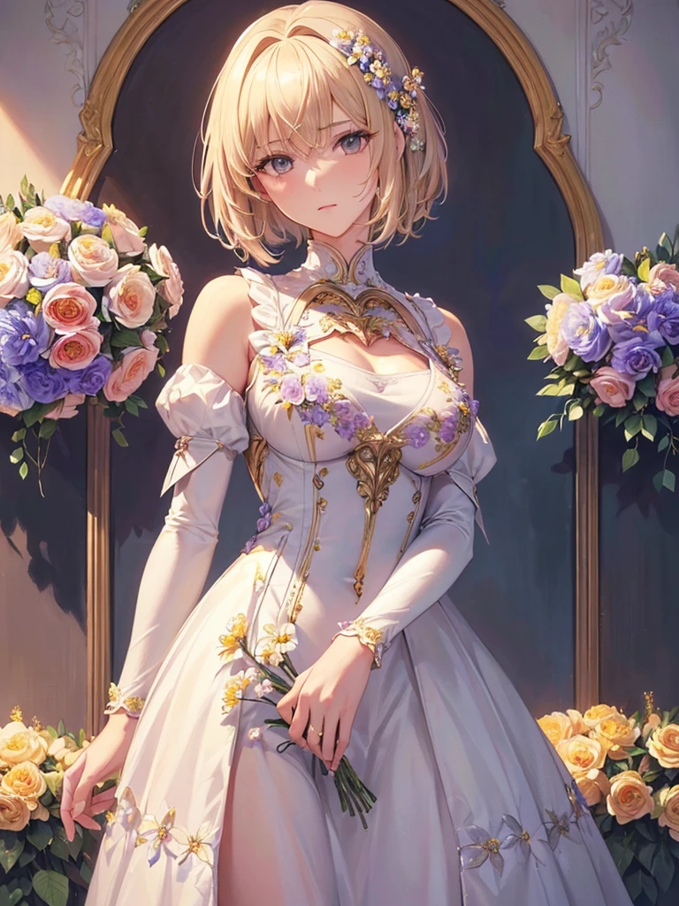 Arcueid　Blonde　((highest quality)),(Ultra-high resolution),(Very detailed),(Detailed Description),((The best CG)),(A masterpiece),super precision art,Amazing painting art,(Art with precise details:1.5), Portraiture:1.6,Bust Shot:1.4,(1 female:1.5),Beautiful and well-proportioned face:1.5,(Dress with flowers on the chest:1.5) 