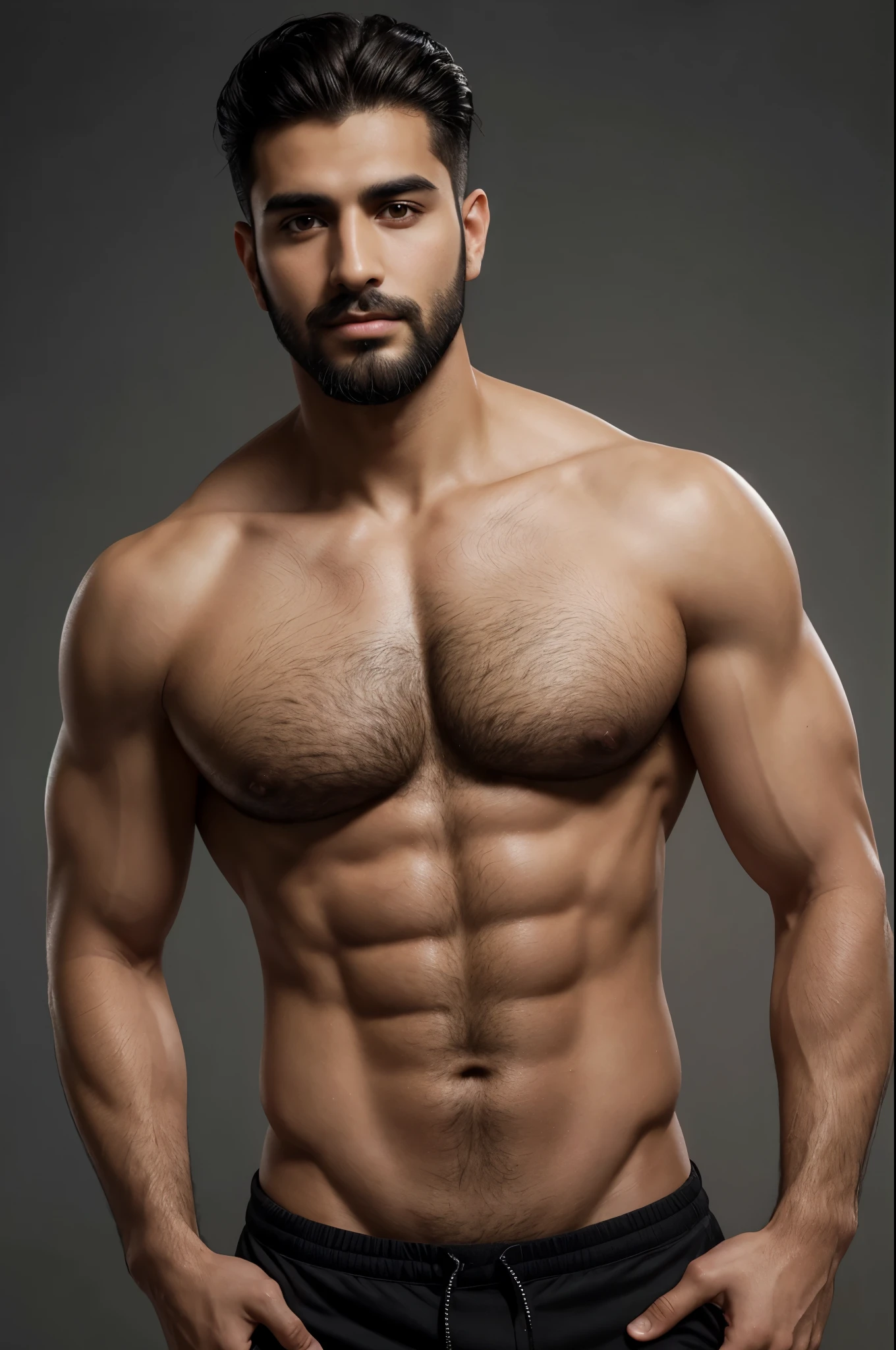 Masterpiece, 1 man, 30 years old, 1 man, modern hair style, Inverted Triangle body type, Super chik male dress, Alpha male, Middle Eastern man, medium Brown eyes, Jawline face Type, Inverted Triangle body type, Middle Eastern bronze skin, medium size beard , modern medium beard, Solid background, beautiful man, prestige man, sexy look, straight man, Ultra HD, High Definition (HD), Photorealistic, Ultra-Realistic, Hyper-Realistic, High Resolution, black hair