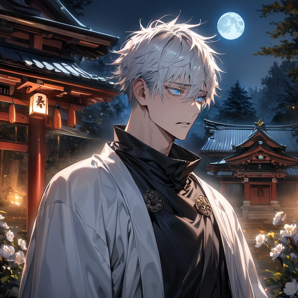 absurdres, highres, ultra detailed, HDR, master piece, best quality, extremely detailed face and eyes, Gojo Satoru, white hair with bangs, hair between the eyes, white eyelashes, expressive blue eyes, 1man, extremely handsome, sadness, anguish, white haori, black kimono, Jujutsu Kaisen, flowers, trees, night, moon, shrine