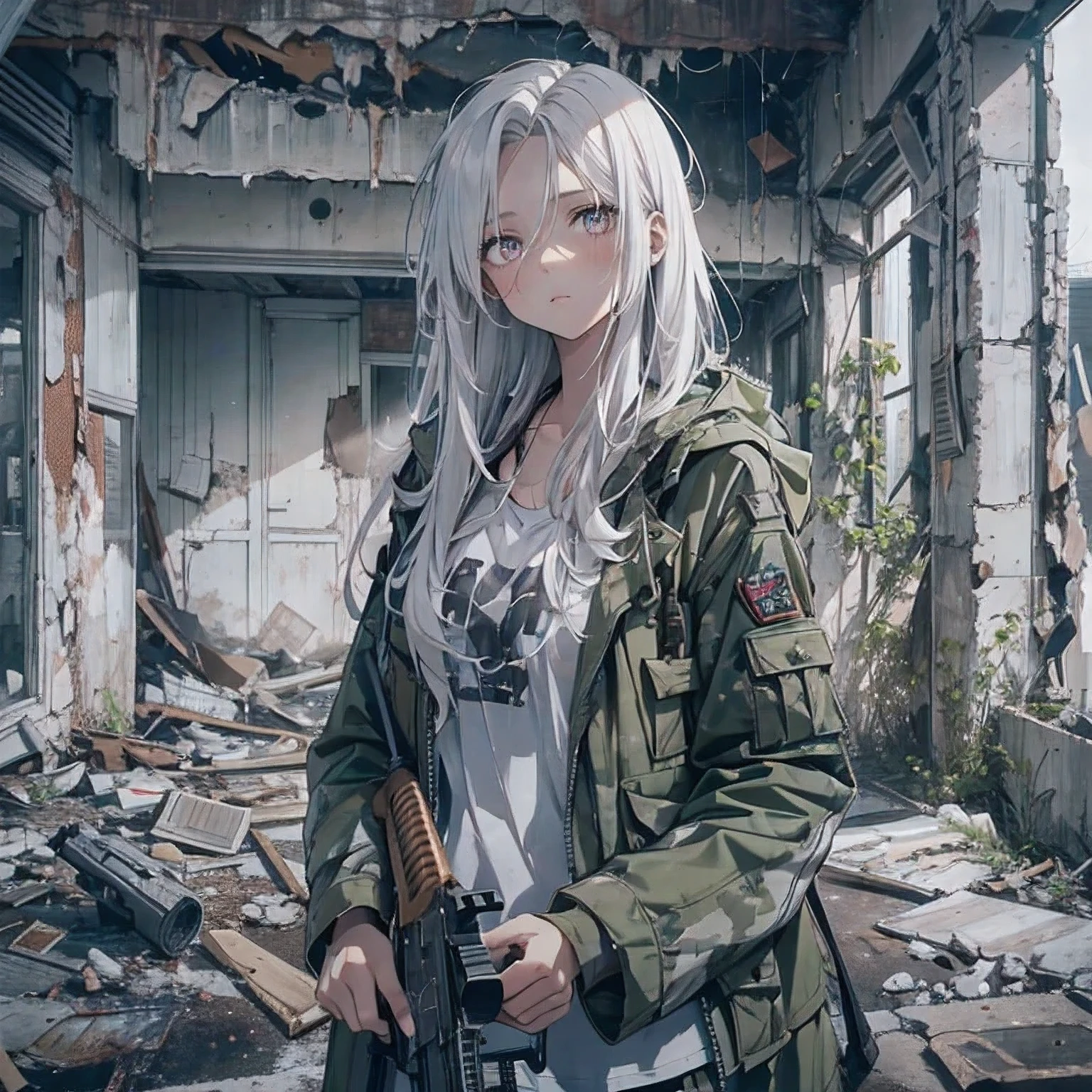 Girl with AK 47 in her hands, post-apocalypse, white hair, long hair, camouflage jacket, plaid skirt, white T-shirt, standing in a destroyed building, looking out the window, cloudy weather, gray eyes, black pupils, serious face, solo