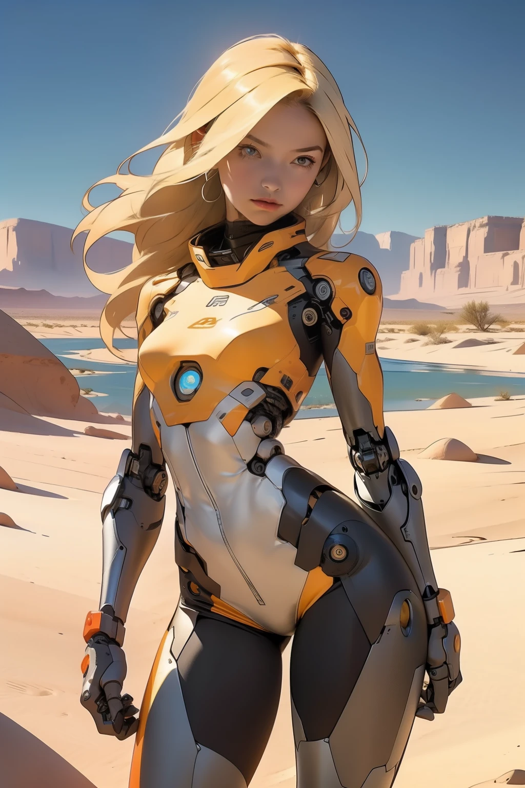 high quality, 4k, masterpiece, beautiful, cyborg girl, cowboy shot, dull eyes, front, looking at viewer, long blonde hair, girl, small breasts, fit thighs, robotic arms, robotic body, cyborg body, white & yellow uniform, orange accent, intricate detail, joint, detailed lines, robotic detail, holding fist up, holding hand up as fist, color robotic parts, robotic parts with color, perfect fingers, on a desert planet, sunny background, colorful desert, a river or a lake in the background, slender thighs, skinny thighs,