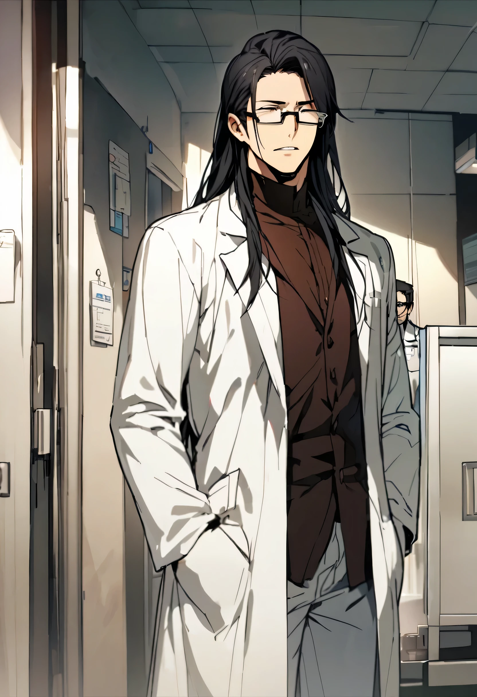 excellent, masterpiece, a korean man in his early fourties, he has black hair, he has shoulder long hair, he wears scientistic glasses, he wears a white lab coat, he ist standing in a hospital, he is a doctor