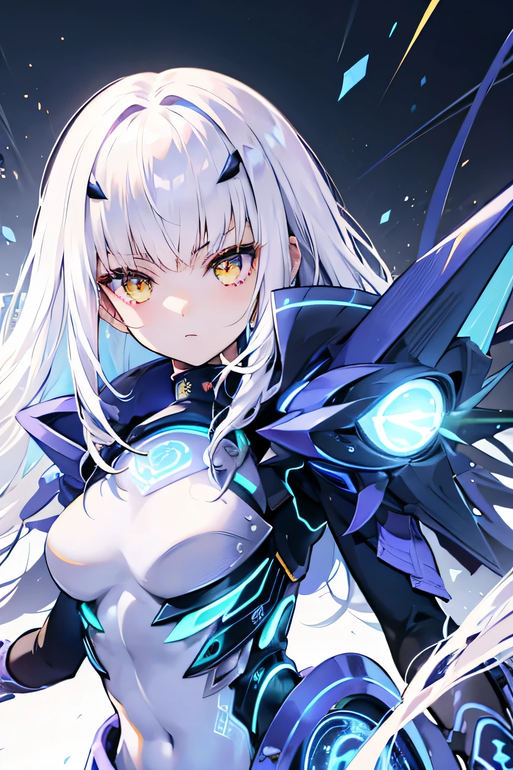 1girl, masterpiece, highest quality, best quality, white hair , highly detailed, best illustration, glowing hair, ray tracing, semi realistic 1stascend, armored dress, blue armor, yellow eyes, gloves, forked eyebrows