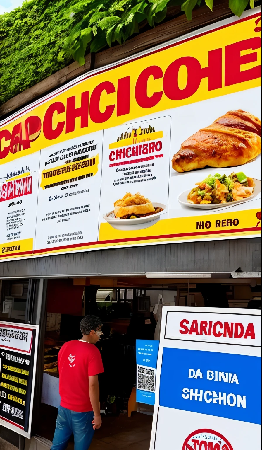 Un cartel voluminoso que diga "serrano chicken shop" y que haya gente alrededor observando al cartel