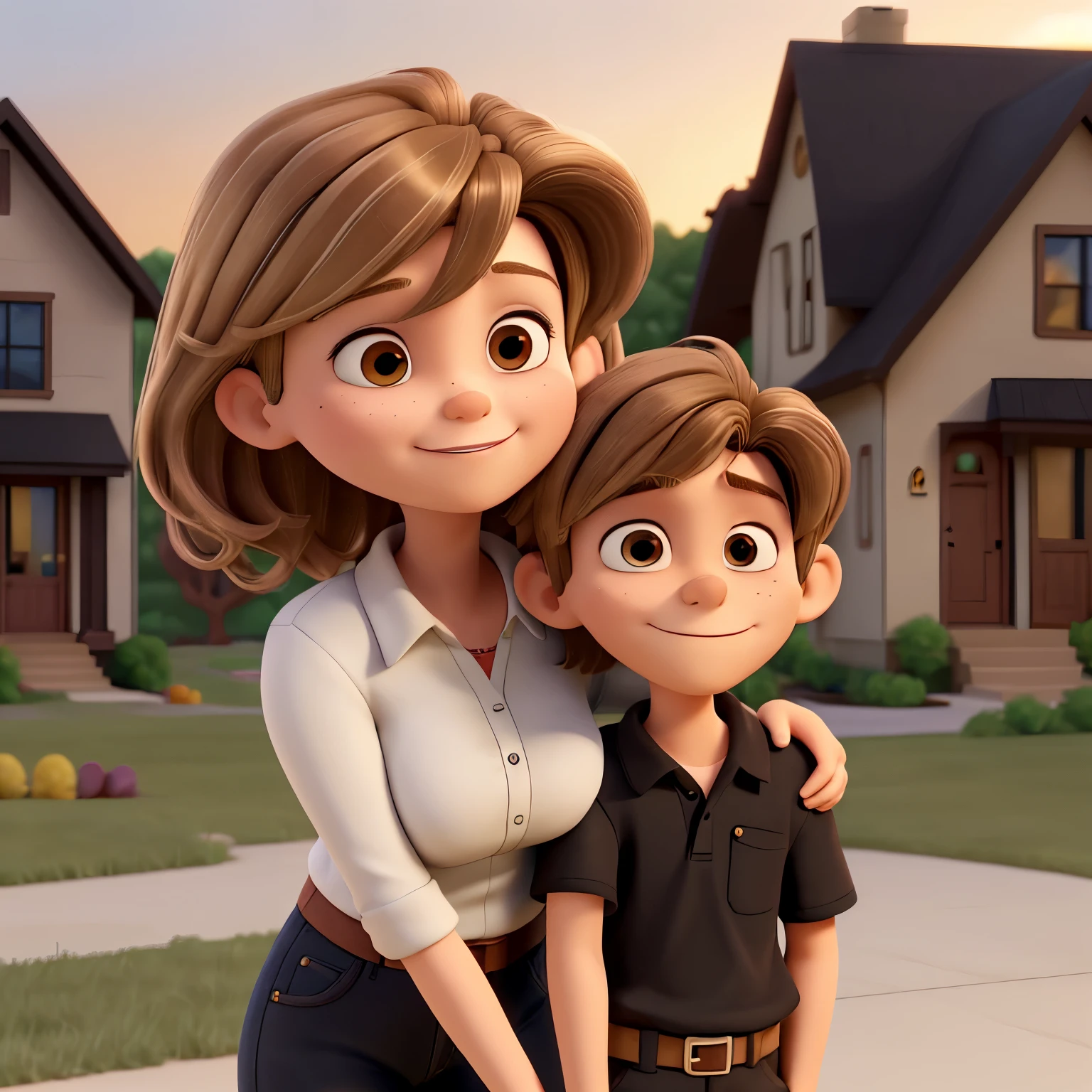 Mom with brown hair with blonde highlights, slim hugging her son, 8--old , black hair, dark hair, and a house in the background