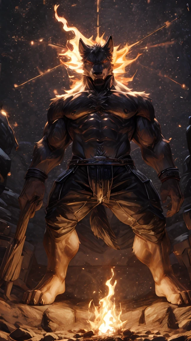 masterpiece, Best quality red-eye, Game CG, 1boy adult male, (naked:1.2) Rough adult face, Solitary, Male focus, Looking at the audience, Upper Body, (Shirtless), Strong muscles, Chest muscles, 8 ABS, Tight legs, naked, slightly protruding, (fire:1.5) and Embers (Particle Effects:1.2), detailed, Dynamic Lighting, Plenty of lighting, ((furry)) ,Masculine shape, Masculinity, Dynamic poses, Dynamic angle, The image is clear and sharp,