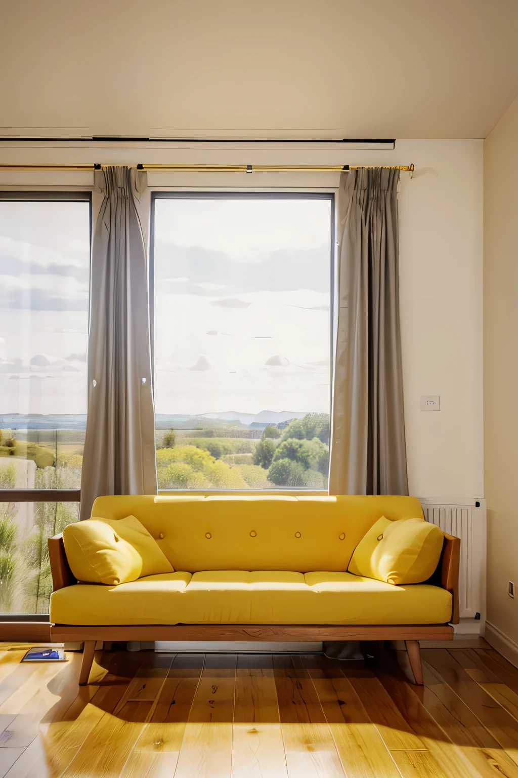 beautiful yellow sofa in modern interior, wooden floor, window with landscape view, curtains