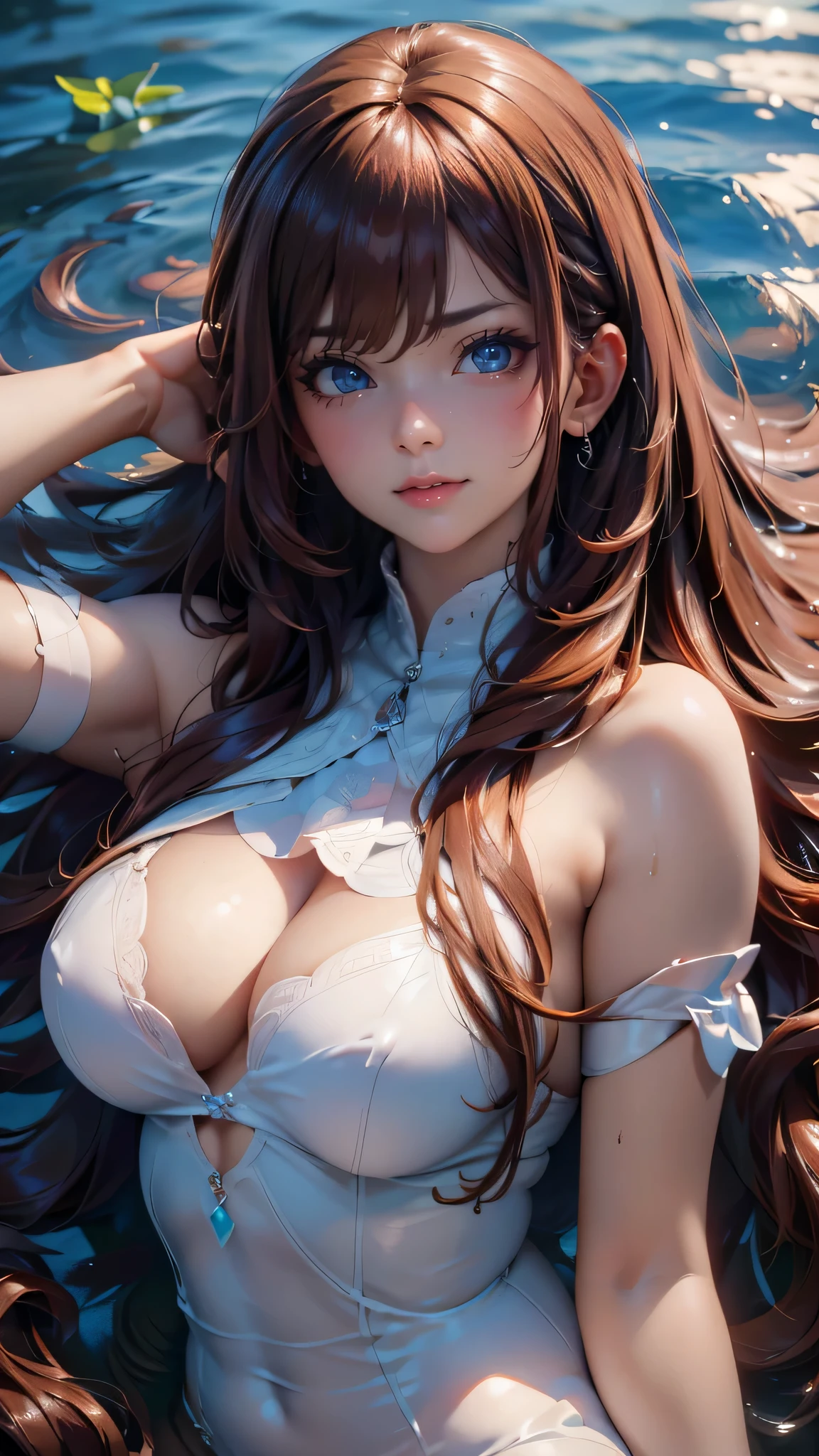 overhead shot,floating on water,lying,on back,stretching,1girl,(ultra detailed skin),(Highest image quality,(8k),ultra-realistic,best quality, high quality, high definition, high quality texture,high detail,beautiful detailed,fine detailed,extremely detailed cg,detailed texture,a realistic representation of the face,masterpiece,Sense of presence),(ultra thin hair),(ultra soft hair),(ultra straight hair:1.5),Swept long bangs,extra light coppery amber hair,hair over one eye