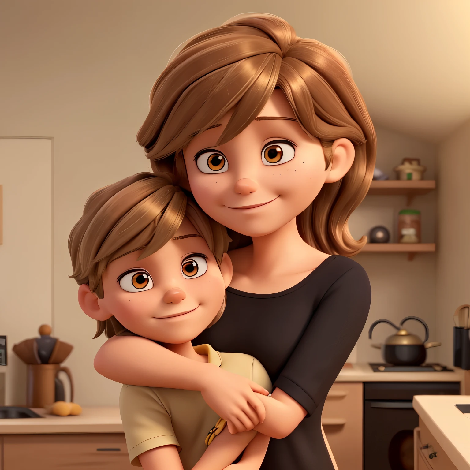 Brown haired and blonde mother hugging her brown haired black son at home 