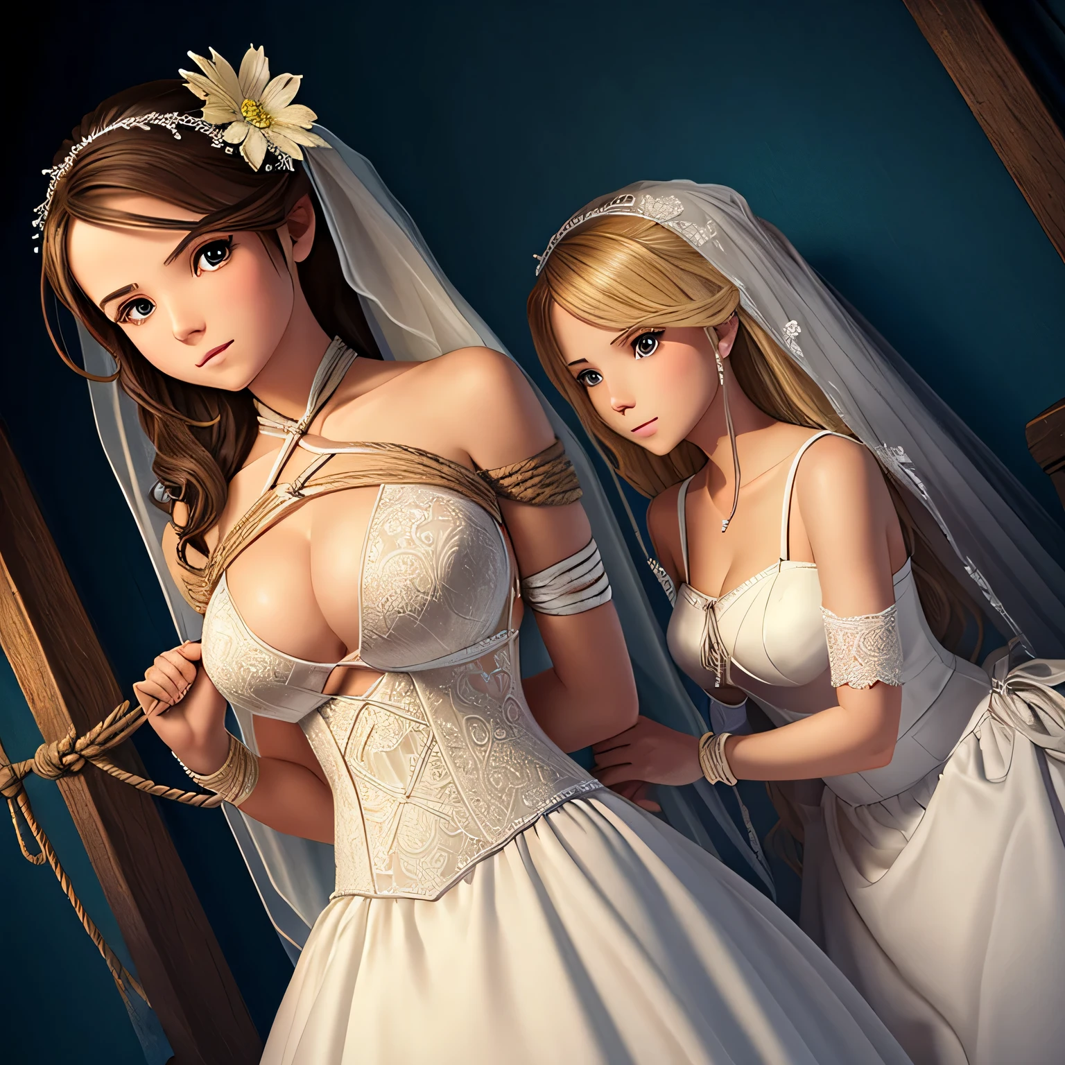 Make a picture where a bride is tied up, a female thief behind her who is tie her with rope, bound,BridesRoleplayCostume