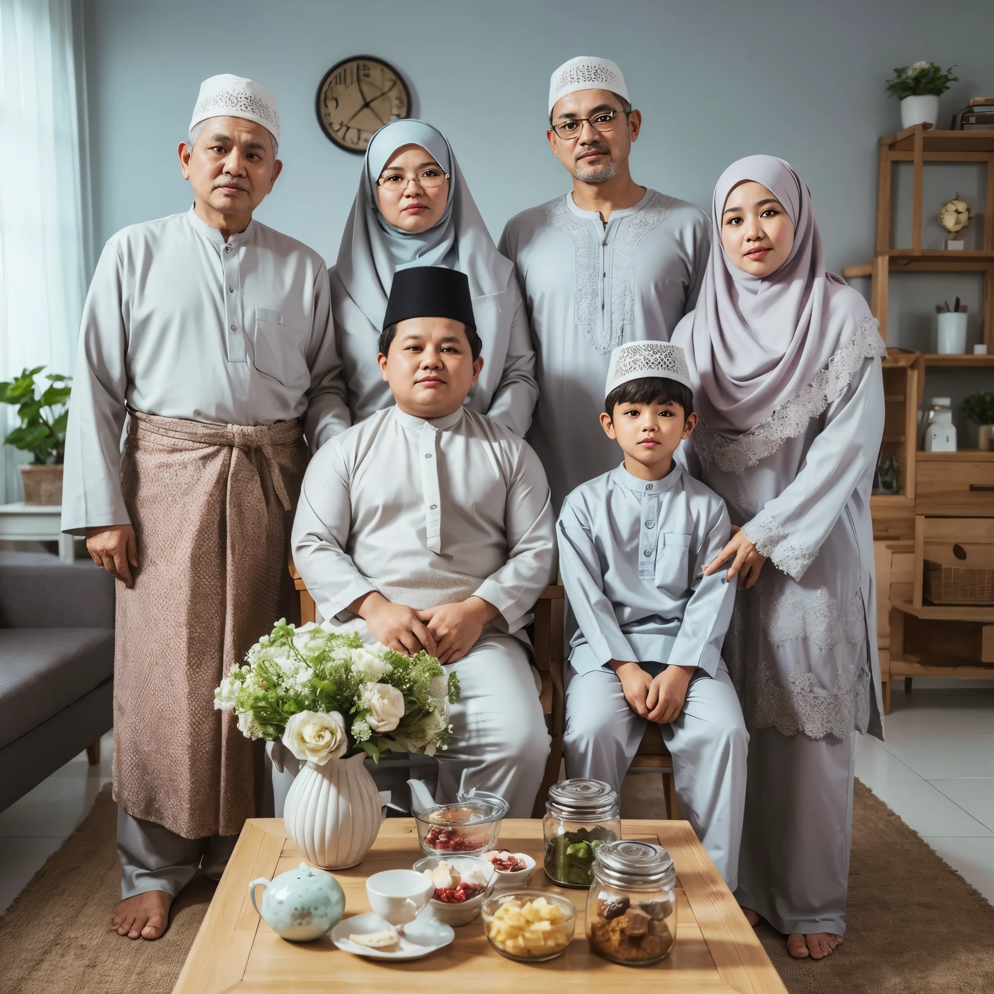 Family photo in Indonesia, six members, one chubby grandfather aged 55 with a clean face, one chubby grandmother aged 50 wearing a hijab, one father and mother aged 40, and two chubby sons aged 13 and 6. They are all wearing matching grey and white Malay Muslim clothes, taken in a bright studio, with a small table containing some snack jars, daylight illumination, green flower vase, realistic, ultra HD, 16k. 