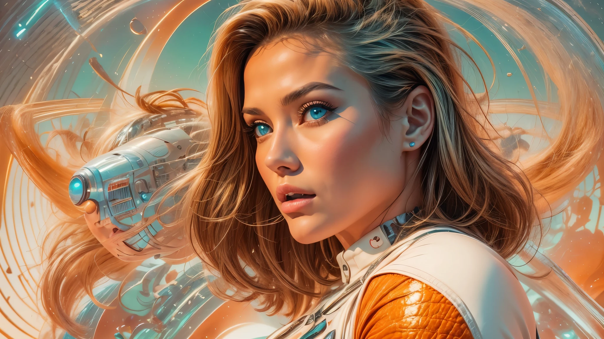 arafed image of a white woman in a futuristic suit with a spaceship in the background, movie art, in front of an orange background, inspired by Robert McGinnis, female protagonist, megastructure in the background, portrait of an ai astronaut, astronauts, an astronaut, portrait of a astronaut skeletor, perfect android girl, detailed eyes, perfectly detailed teeth, frank franzzeta and sakimichan
