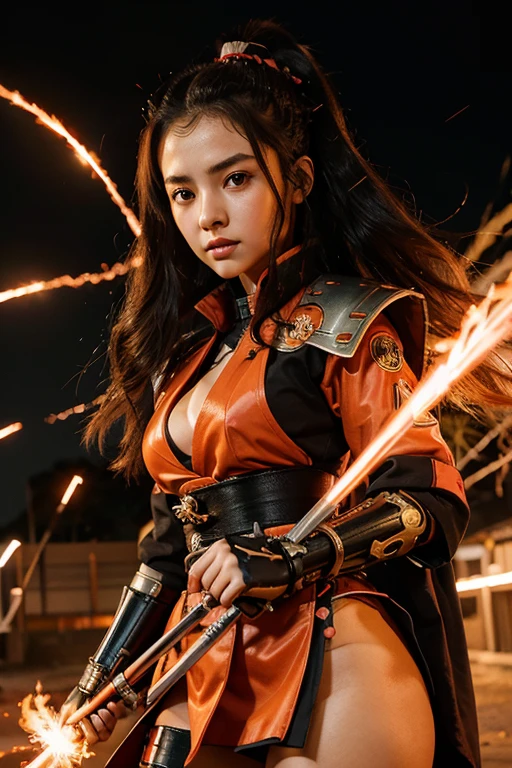 samurai girl com uma mecha vermelha and flame trails ,kimetsu no yaiba