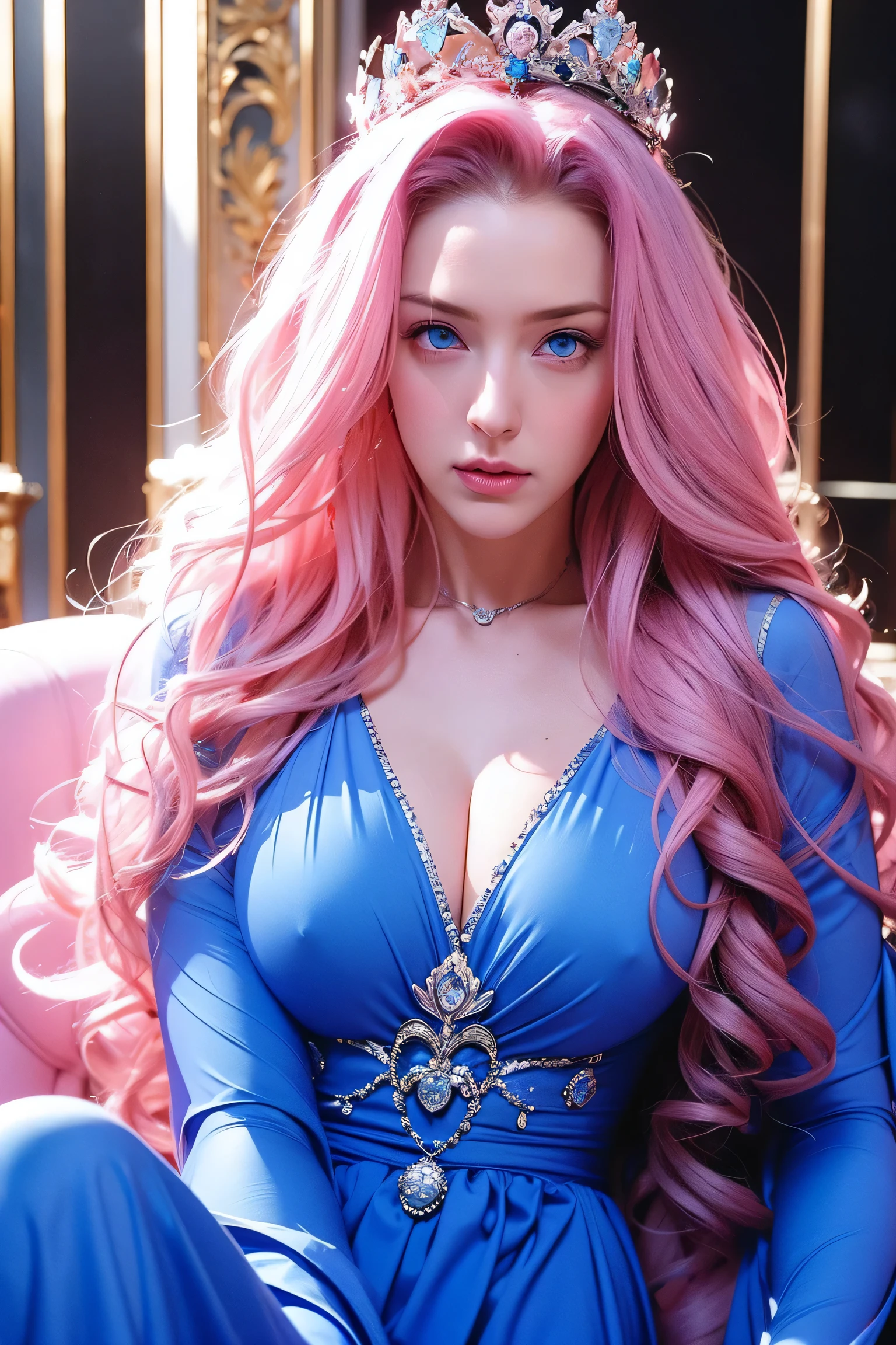 Woman, long curly hair, pink hair, blue eyes, psychopath, highlighted eyes, serious expression, Sitting on the throne, crown, empress, queen, sensual remove blue dress let her fully naked without dress