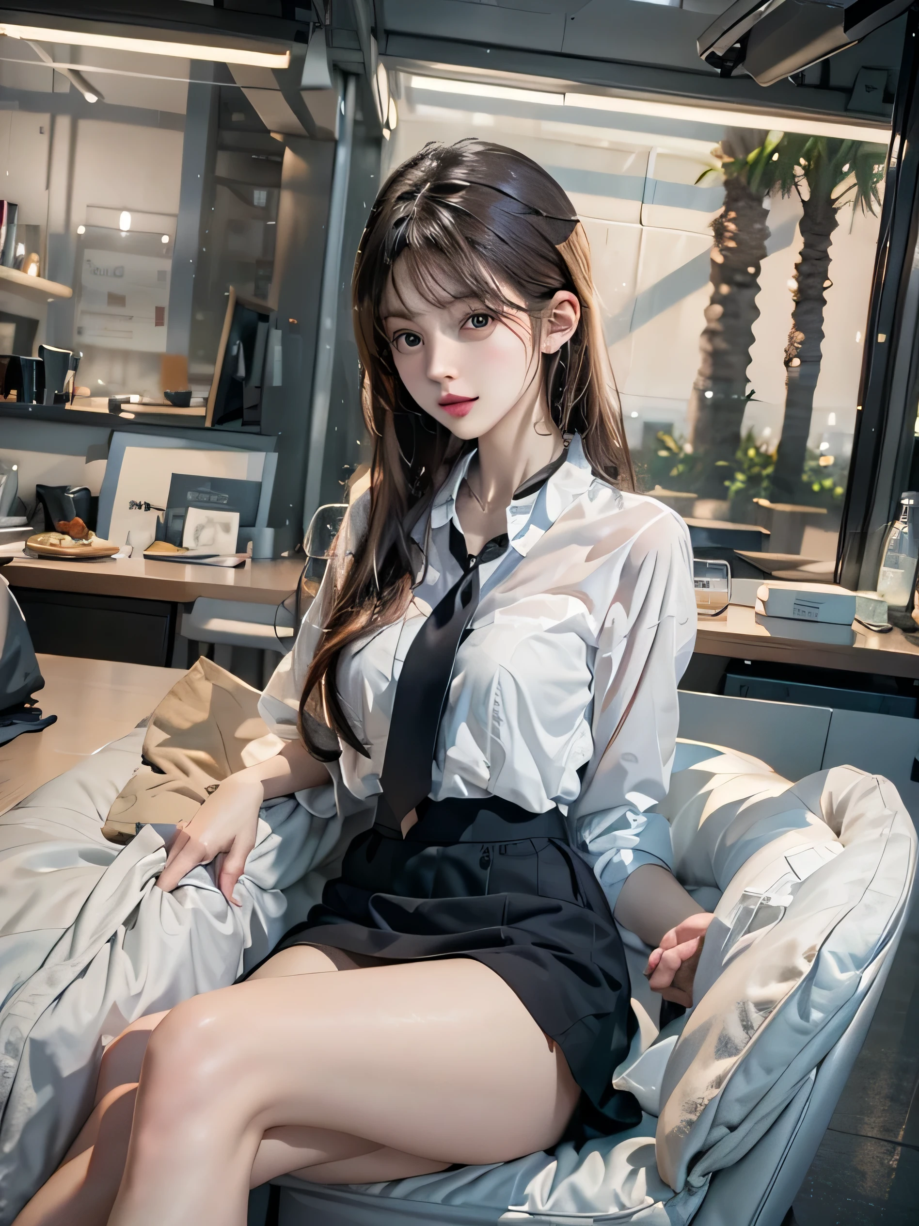 (((Woman lying on bed in bedroom)))、Accentuate your breasts、(((school uniform:1.3)))、Open white shirt、(((Check pleated skirt that fits snugly against the skin:1.7)))、(Reddish brown wet shiny short hair)、hairpin、hair ornaments、Blushing cheeks、Pointed red mouth、Large Breasts、Perfect body curves、Beautiful clavicle、Wet Hair、Wet Face、Wet body、Wet Skin、Wet costume、Detailed clothing features、Detailed hair features、Detailed facial features、Looking into the camera、(Dynamic Angle)、(Dynamic and sexy pose) )、Cinema Lighting、(masterpiece、Highest quality、Ultra-high resolution output images、Write Boundary Depth、Intricate details、Add depth to your subject with contrast between light and shadow、)、Digital Illustration、Single-lens reflex camera、(Realistic:1.3)、(8K quality、Anatomically correct facial structure、)、(Picture Mode Ultra HD、)