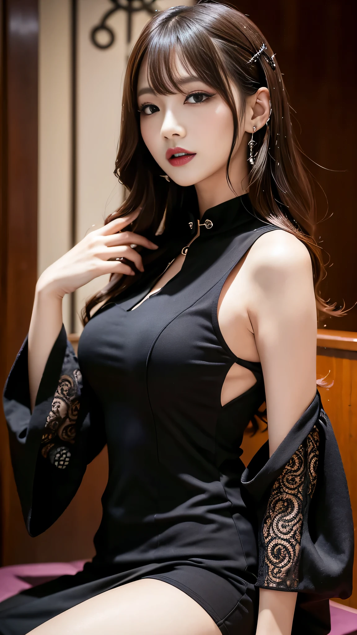 Super detailed、Japanese、charming beauty、seductive adult woman、Beautiful woman、sharp eyes、cool girl、wavy hair、long black cheongsam、wide sleeve、evilの幹部、evil depravity、brainwashing、Mind control、lipstick、grin、evilな表情、evil、empty eyes、evil、church at night、vampire、vampire、Hypnosis、Contrasting、makeup brush