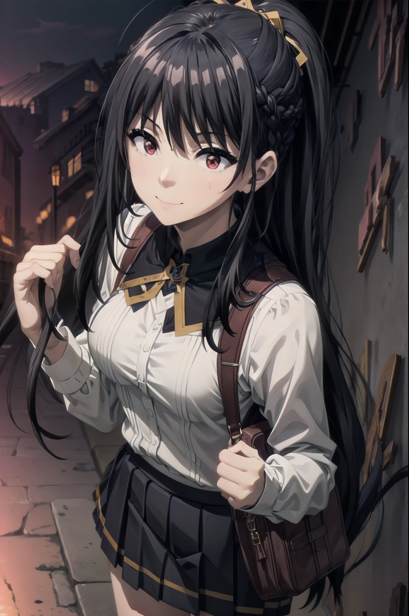 1girl,black hair,red eyes,medium breast,narrow waist,1girl, solo, masterpiece, best quality, very aesthetic, outdoors, black skirt, , braid, braided ponytail, closed mouth, collared shirt, cowboy shot, dutch angle, from below, green ribbon, hair over one eye, hair over shoulder, hand up, long hair, long sleeves, looking down, neckerchief, own hands together, ponytail, ribbon, school bag, , skirt, smile, standing, swept bangs, v-shaped eyebrows,