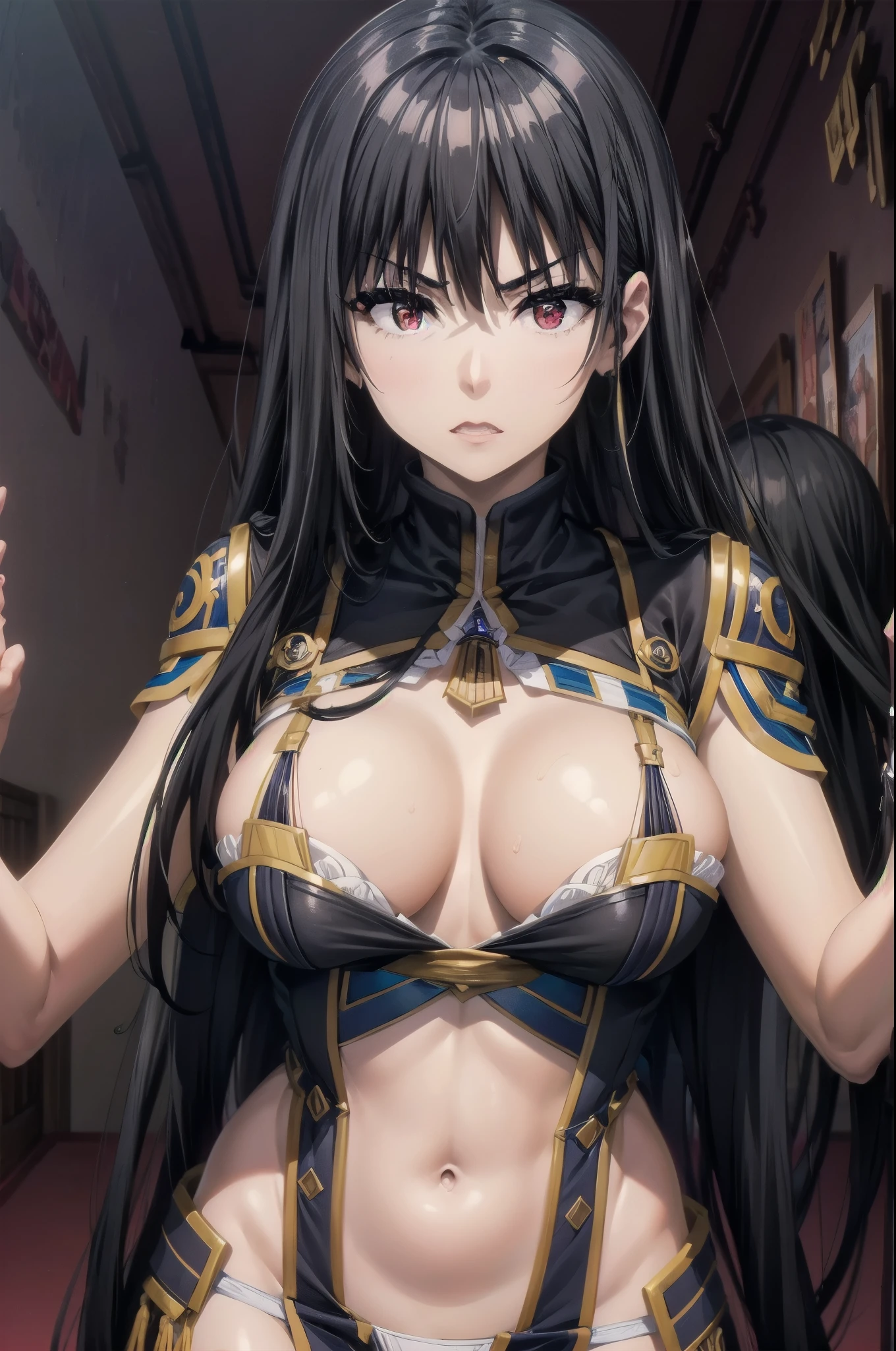 1girl,black hair,red eyes,medium breast,narrow waist,,1 woman , Underwear, Complex body paint with flower motifs all over the body. Extra Long hair, chocolate skin. a unicorn healer with the power of healing. tourmaline ring. nice body, Neat atmosphere, clean atmosphere. serious atmosphere. beautiful skin. oily skin. extremely delicate and beautiful. ultra detailed. clear eyes, detailed eyes