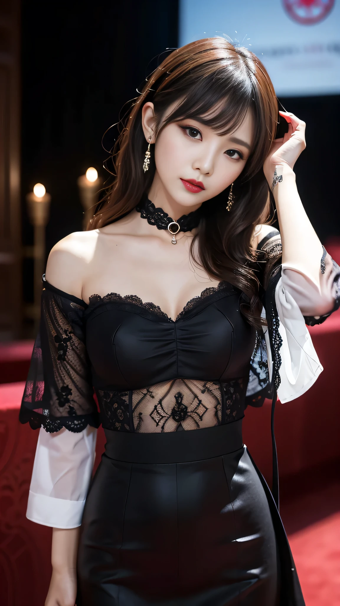 tra-detailed、Japanese、Attractive beauty、seductive adult woman、Pretty Woman、cool girl、brown hair、wavy hair、swept bangs、piercing eyes、hollow eyes、half-closed eyes、Hollow Eyes、Purple Eyeshadow、black lipstick、black lip gloss、dark makeup、smirk、Whisper in my ear、Evil expression、Long Black Cheongsam、Wide sleeves、Evil cadres、Fallen into evil、brainwash、mind control、evil、Church at night、Swear allegiance、