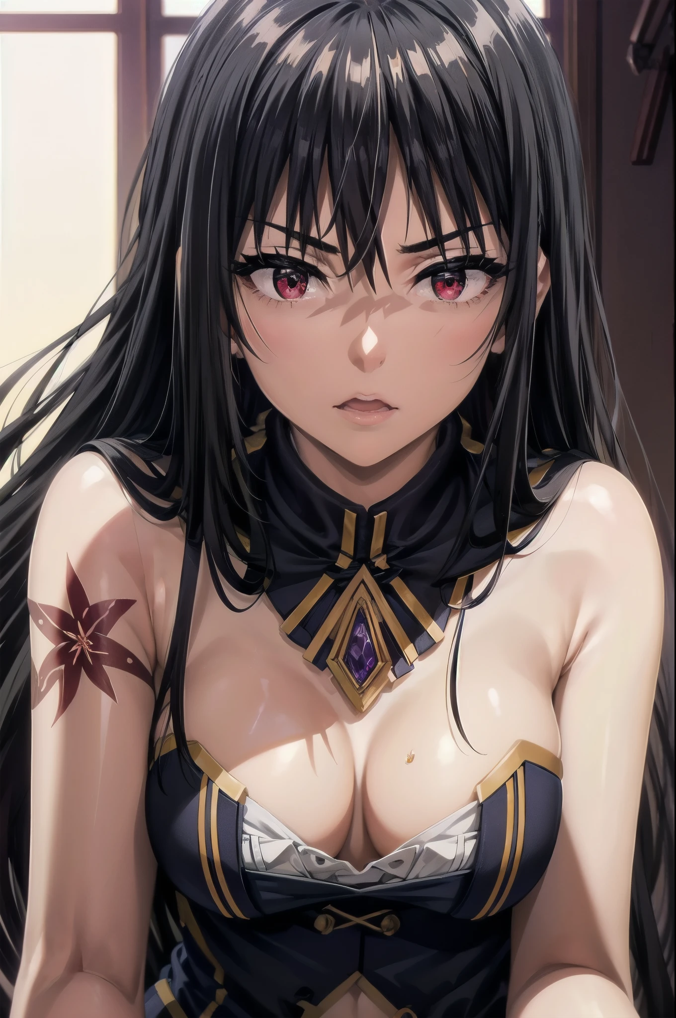 1girl,black hair,red eyes,medium breast,narrow waist,,1 woman , Underwear, Complex body paint with flower motifs all over the body. Extra Long hair, chocolate skin. a unicorn healer with the power of healing. tourmaline ring. nice body, Neat atmosphere, clean atmosphere. serious atmosphere. beautiful skin. oily skin. extremely delicate and beautiful. ultra detailed. clear eyes, detailed eyes