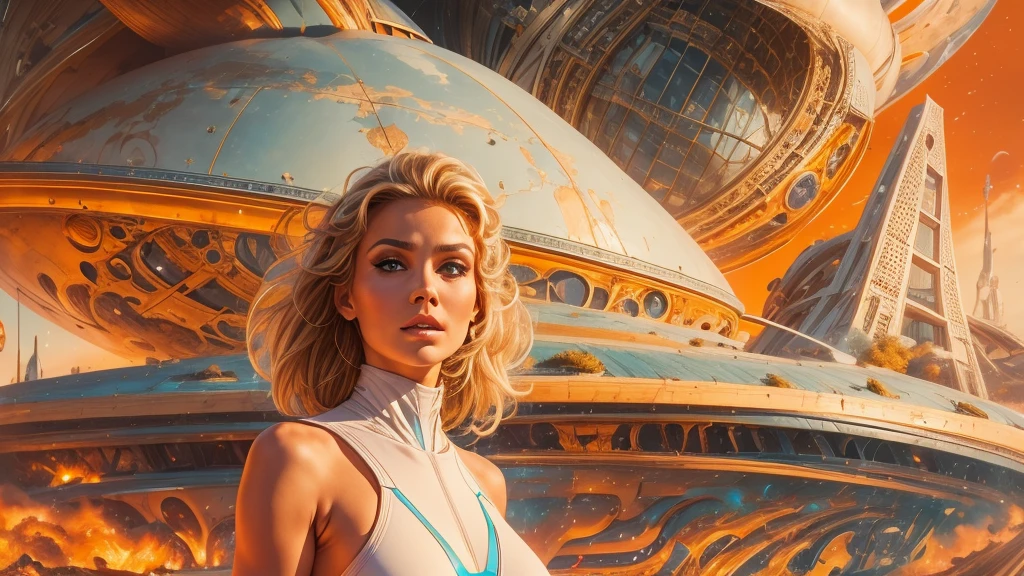 arafed image of a white woman in a futuristic suit with a spaceship in the background, movie art, in front of an orange background, inspired by Robert McGinnis, female protagonist, megastructure in the background, portrait of an ai astronaut, astronauts, an astronaut, portrait of a astronaut skeletor, perfect android girl, detailed eyes, perfectly detailed teeth, frank franzzeta and sakimichan