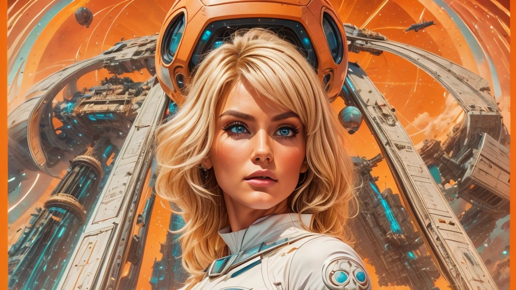 arafed image of a white woman in a futuristic suit with a spaceship in the background, movie art, in front of an orange background, inspired by Robert McGinnis, female protagonist, megastructure in the background, portrait of an ai astronaut, astronauts, an astronaut, portrait of a astronaut skeletor, perfect android girl, detailed eyes, perfectly detailed teeth, frank franzzeta and sakimichan