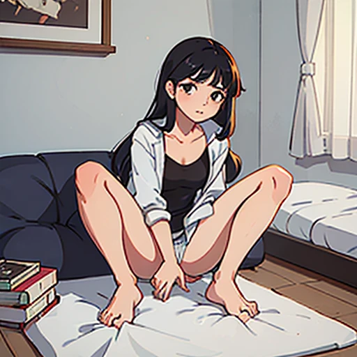1 girl with black hair on a bed looking at the camera showing her vagina, mostrando os peitos, sem calcinha, opening your legs for the camera, corada, Shy posture, squat position , despida, nua, pelada, pussy vagina private parts samples, hands and arms behind the legs, ,peitos, mamilos sem camisa ou regata em um quarto normal, corpo de adolescente