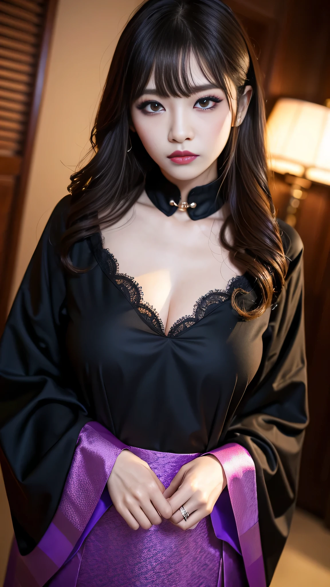 tra-detailed、Japanese、Attractive beauty、seductive adult woman、Pretty Woman、cool girl、brown hair、wavy hair、swept bangs、piercing eyes、hollow eyes、half-closed eyes、Hollow Eyes、Purple Eyeshadow、black lipstick、black lip gloss、dark makeup、smirk、Whisper in my ear、Evil expression、Long Black Cheongsam、Wide sleeves、Evil cadres、Fallen into evil、brainwash、mind control、evil、Church at night、Swear allegiance、