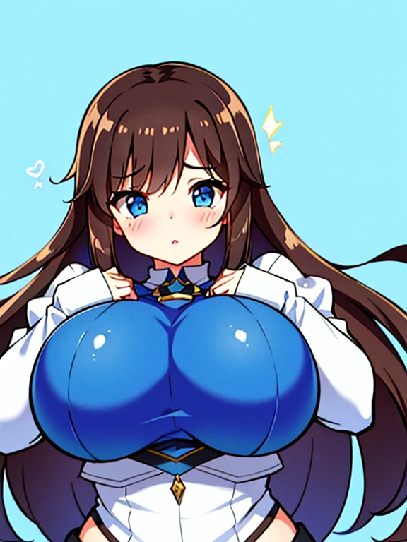 A Cute , with Breasts that are too Extremely Massive. Brunette hair, Beautiful blue eyes, worried expression about her excessively enormously Gargantuan breasts, and that they won’t stop expanding.