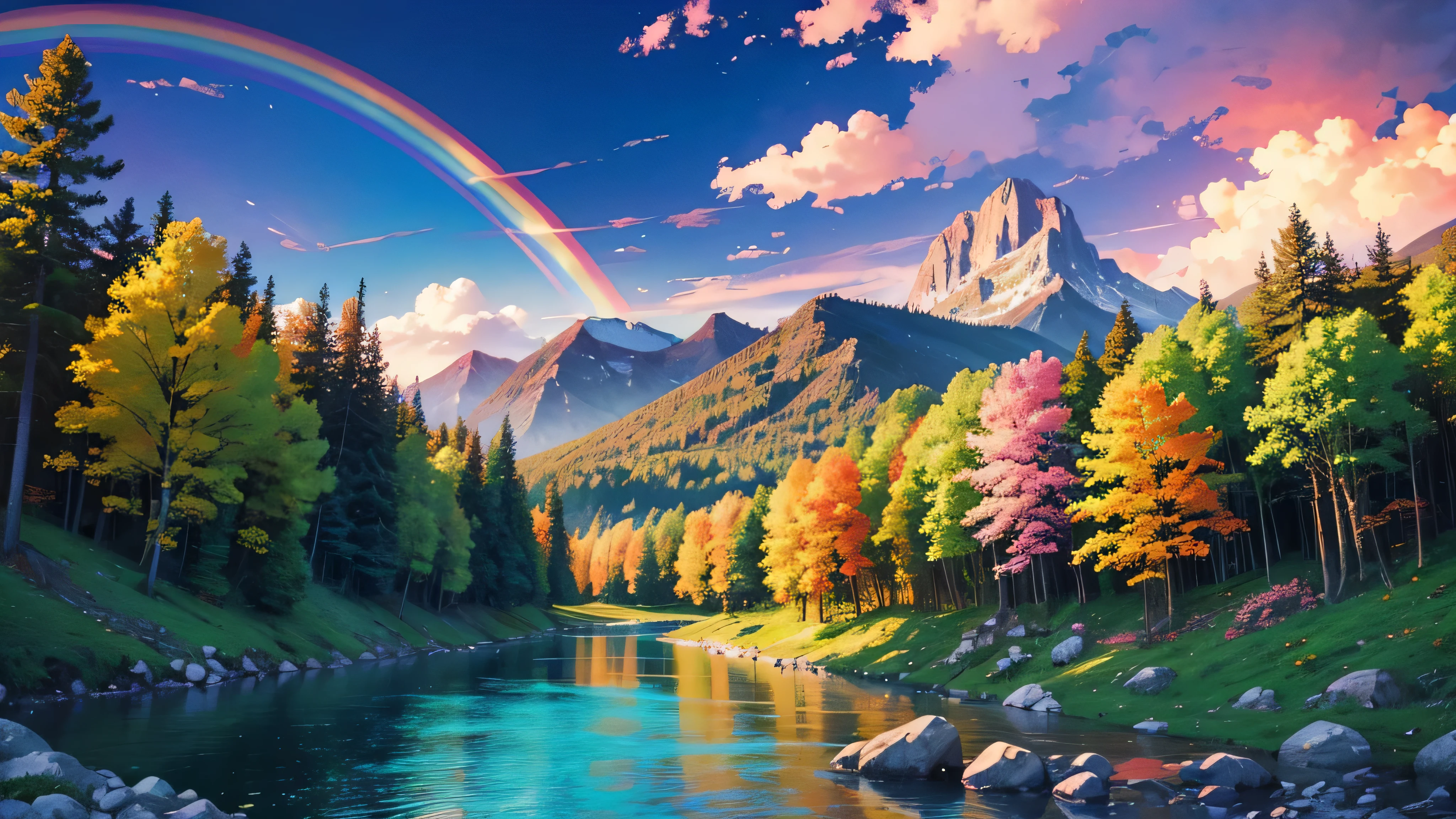 Anime style, landscape, colorful forest, mountains, river, rainbow, many colors, multicolored