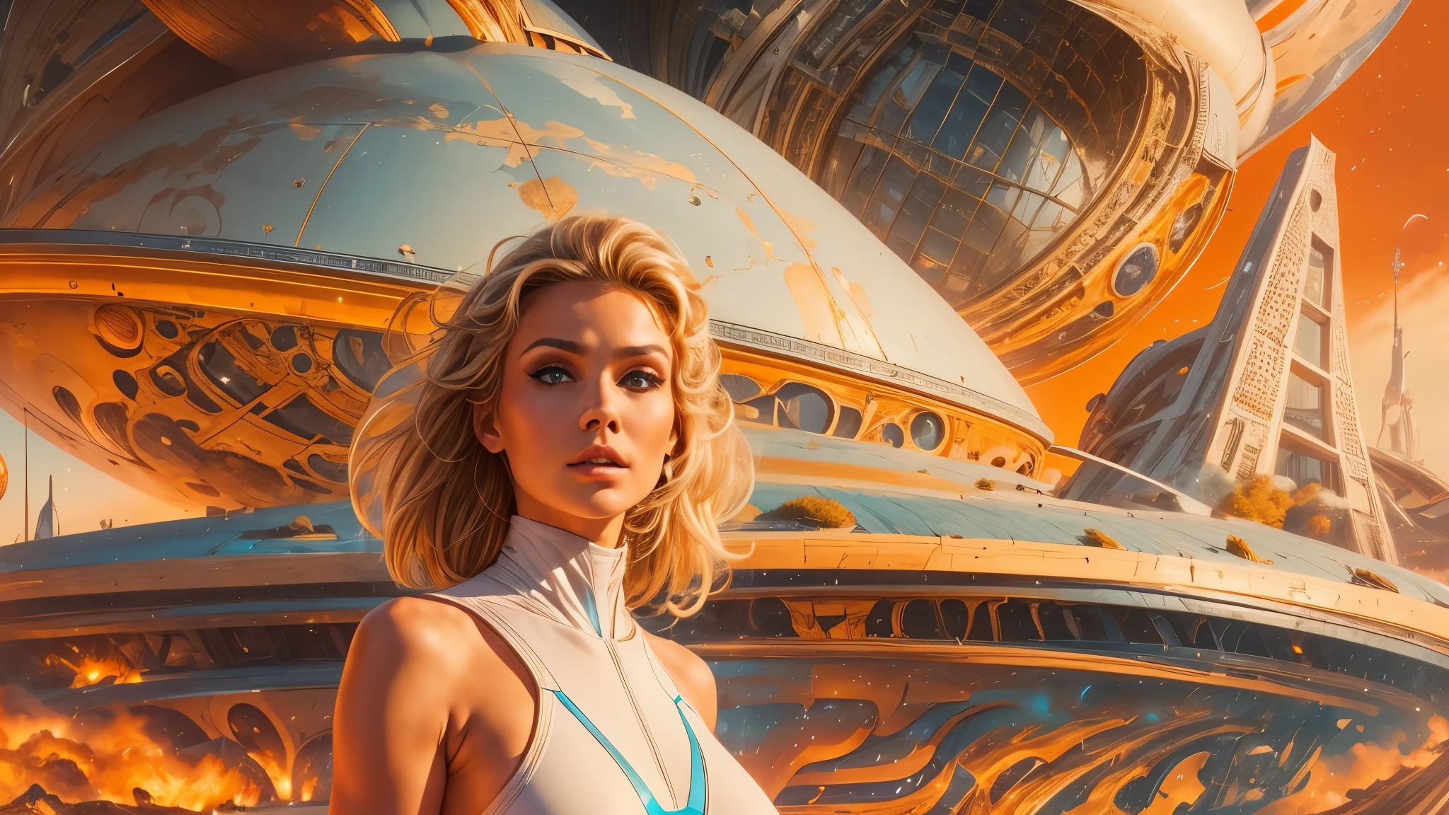 arafed image of a white woman in a futuristic suit with a spaceship in the background, movie art, in front of an orange background, inspired by Robert McGinnis, female protagonist, megastructure in the background, portrait of an ai astronaut, astronauts, an astronaut, portrait of a astronaut skeletor, perfect android girl, detailed eyes, perfectly detailed teeth, frank franzzeta and sakimichan