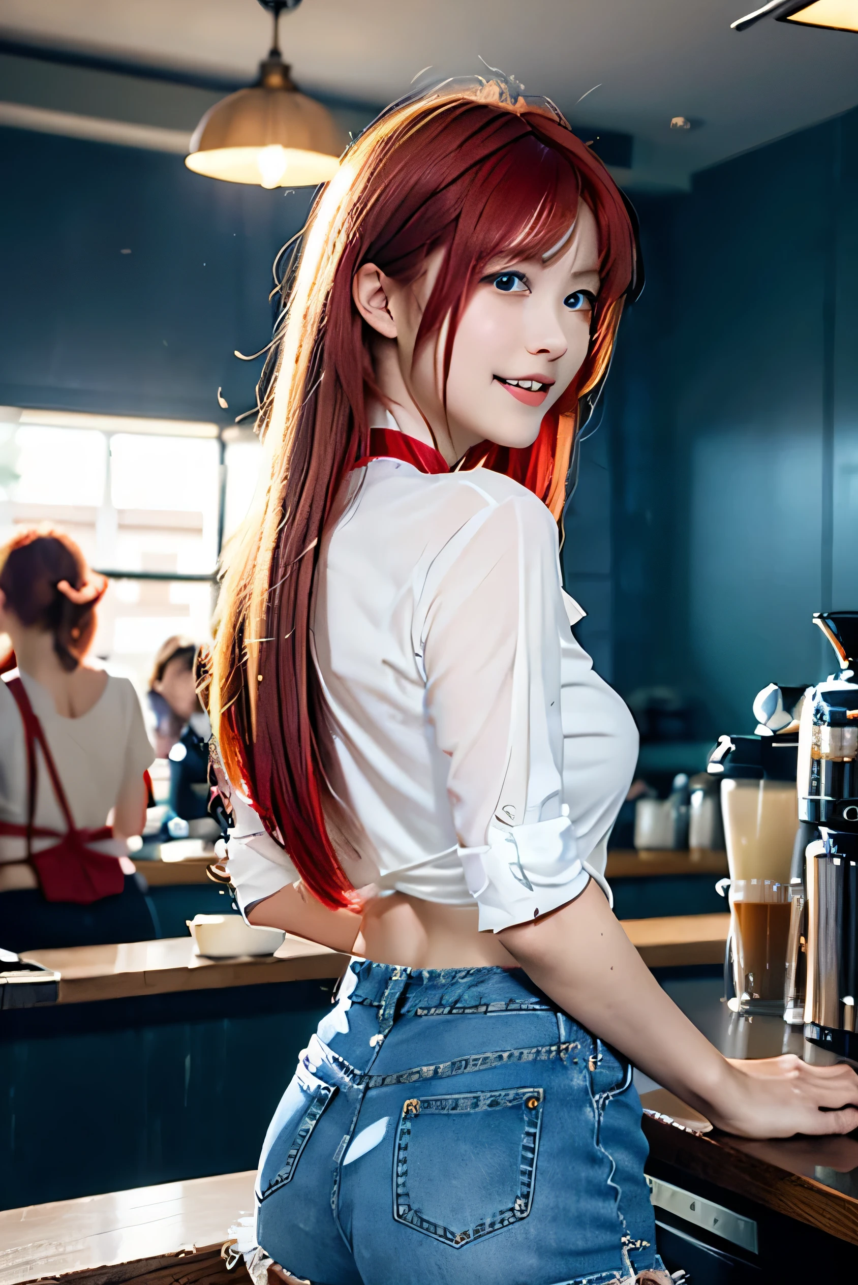 (Photorealistic:1.8, highest quality:1.8,8K masterpiece:1.8,High resolution,Mastepiece:1.8,RAW Photos,Cinematic lighting),No split screen、 morning、old coffee shop、(A 23-year-old female clerk brewing coffee:1.5)、(Soryu Asuka Langley)、Photo from behind、
(choker、Beautiful breasts、shirt、Denim Micro Shorts、Beautiful ass,Beautiful thighs,Plump nipples、Cutting-edge fashion)、
Shortcuts、(Beautiful, shining crimson, blue, red, white, blonde hair:1.5)、Sparkling Blue Eyes、Fine Lines、Have fun and laugh