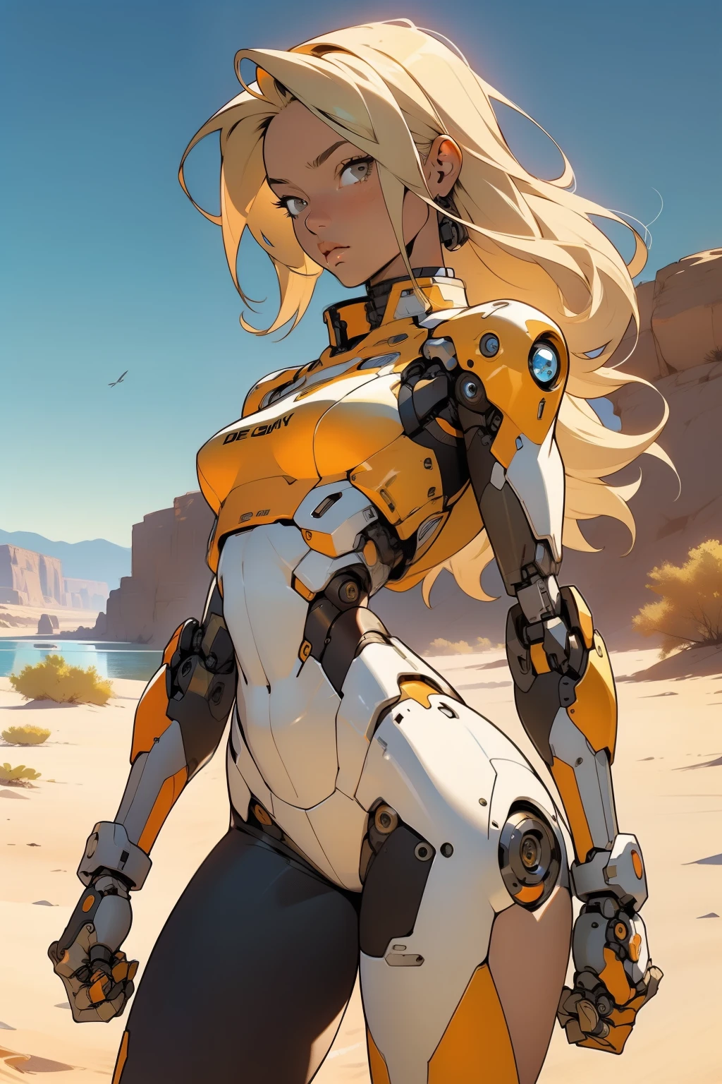 high quality, 4k, masterpiece, beautiful, cyborg girl, cowboy shot, dull eyes, front, looking at viewer, long blonde hair, girl, small breasts, fit thighs, robotic arms, robotic body, cyborg body, white & yellow uniform, orange accent, intricate detail, joint, detailed lines, robotic detail, holding fist up, holding hand up as fist, color robotic parts, robotic parts with color, perfect fingers, on a desert planet, sunny background, colorful desert, a river or a lake in the background, slender thighs, skinny thighs,