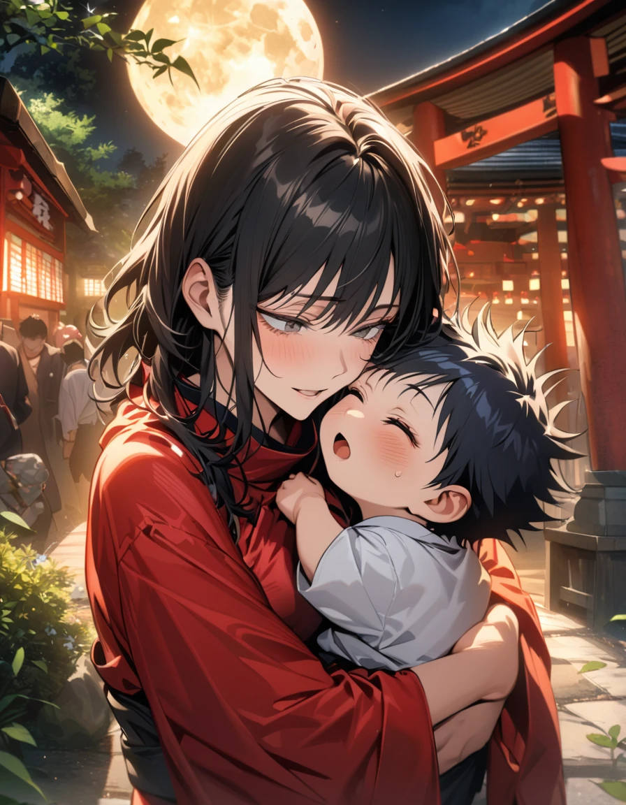 absurdres, highres, ultra detailed, HDR, master piece, best quality, extremely detailed face and eyes, Kageura Himiko, black long hair, expressive golden eyes, 1 woman carrying a boy, Fushiguro Megumi, black hair, eyes closed, Jujutsu Kaisen, red kimono, shrine, green leaves, flowers, trees, night, moon