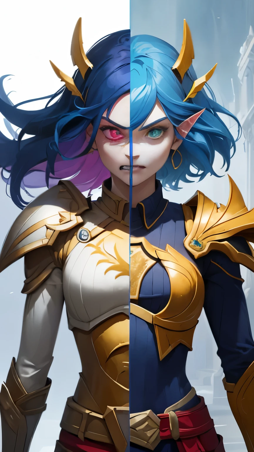 (Masterpiece, highly detailed, highly quality,  highly resolutions), beautiful, split theme, SplitScreen, splitscreen, SplitScreen, splitscreen, (1girl, short hair, spiral eyes, mad, clenched teeth), ((Armor pants)), blue hair, purple eyes, blue skin, purple armor, gold trim, voidelf, crop top, sleeve, shadow theme, SplitScreen, splitscreen, (1girl, long hair, spiral eyes, mad, clenched teeth), ((Armor pants)) , blonde hair, green eyes, pale skin, red armor, gold trim, bloodelf, crop top, sleeve, light theme