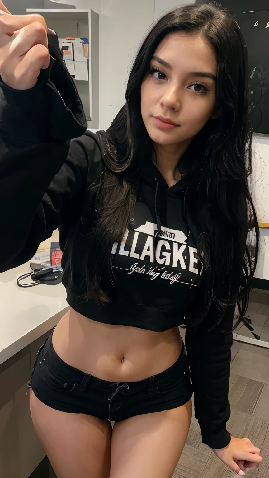 Hot girl with long black hair , hoodie , at work , pointing index finger up , selfie , hight detailed hands