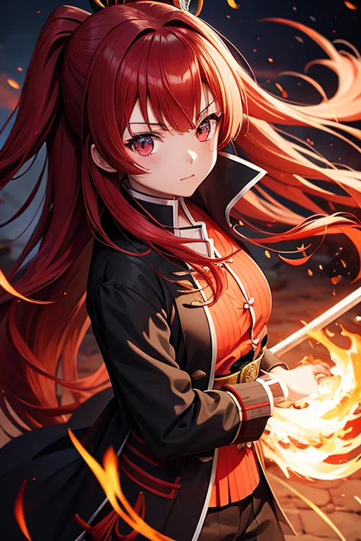 lock of hair red, samurai girl, fire/flame trail ,kimetsu no yaiba