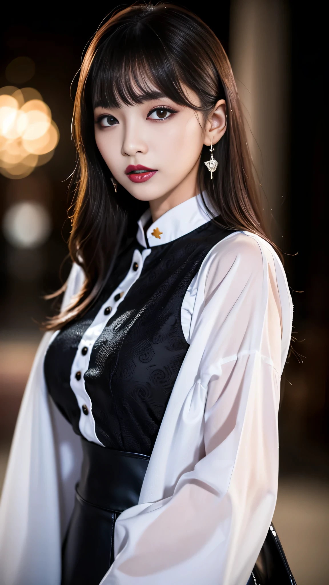 tra-detailed、Japanese、Attractive beauty、seductive adult woman、Pretty Woman、cool girl、brown hair、wavy hair、swept bangs、piercing eyes、hollow eyes、half-closed eyes、Hollow Eyes、Purple Eyeshadow、black lipstick、black lip gloss、dark makeup、smirk、Whisper in my ear、Evil expression、Long Black Cheongsam、Black wide sleeves、Evil cadres、Fallen into evil、brainwash、mind control、evil、Church at night、Swear allegiance、Have lipstick、Are standing