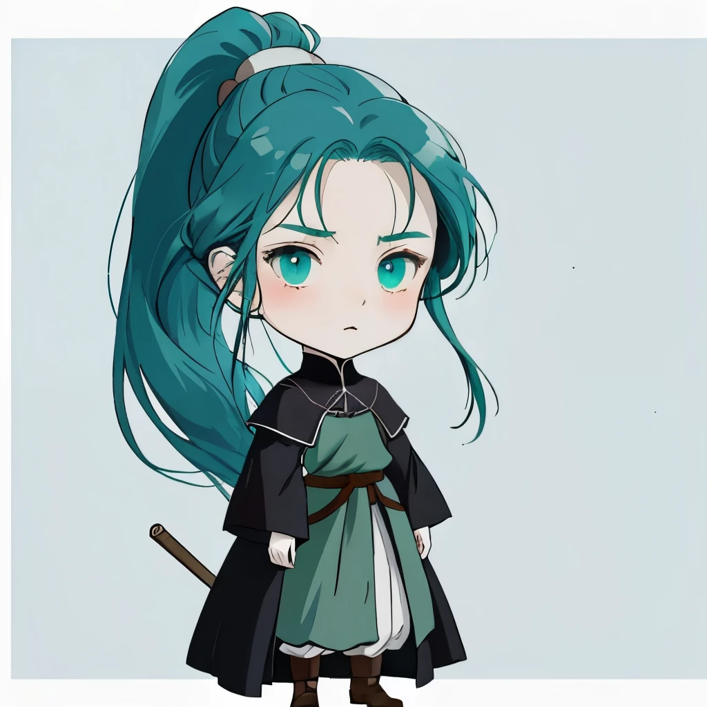 Chibi girl in Ghibli style with long dark turquoise hair in a ponytail in a medieval closed dark dress without background in full length, Serious Cold, covered eyes , pale skin, Cyan eyes