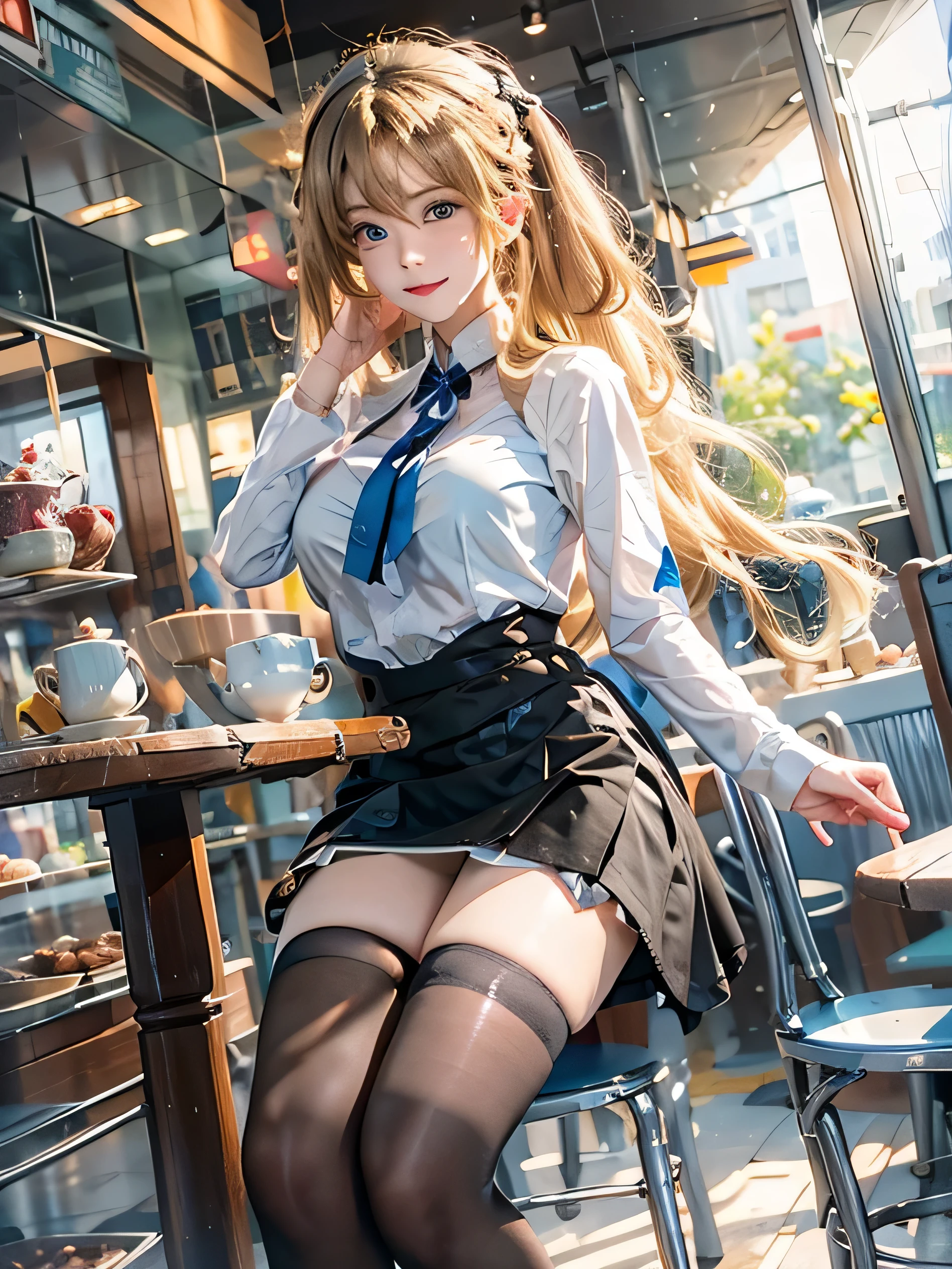 (Photorealistic:1.8, highest quality:1.8,8K masterpiece:1.8,High resolution,Mastepiece:1.8,RAW Photos,Cinematic lighting),No split screen、morning、Classic coffee shop、
（A 23-year-old female clerk brewing coffee:1.5)、（choker、uniform、mini skirt、Knee-high tights、Beautiful breasts、Beautiful thighs、Plump nipples、Beautiful chest)、 (Soryu Asuka Langley)、
(Beautiful shiny blue white black brown blonde hair:1.5)、Sparkling Blue Eyes、Fine Lines、Smiling happily