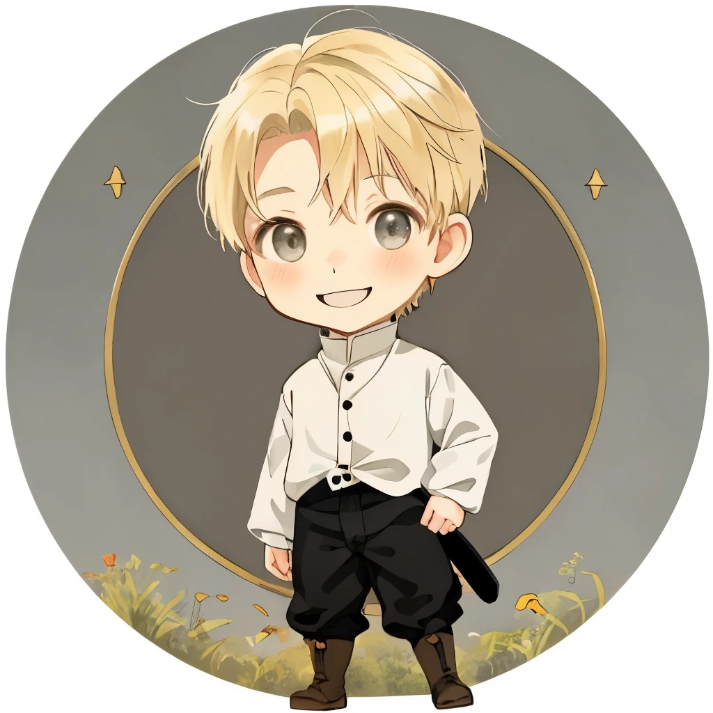 Chibi boy, in ghibli style, blonde, gray eyes, bright smile, in medieval white shirt and dark pants, no background