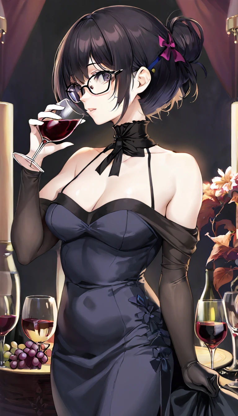 White skin, woman, scars, cut scars, scars all over her body, scars below her eyes, warm look, extremely short hair, black hair, long dress, black dress, exposed back, exposed shoulders elegant, holding wine glass , black glasses, round glasses, thin glasses, black ribbon on the neck, long solid black gloves, black eyes, medium breasts, big ass. 