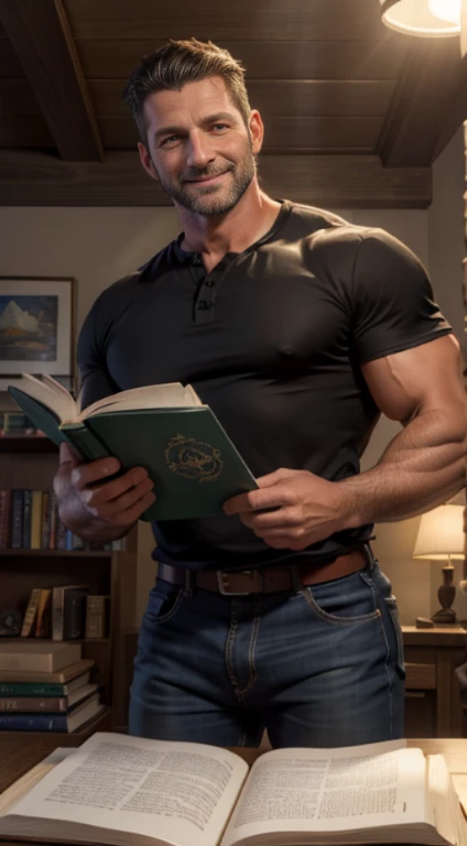 Un hombre musculoso salvaje, (40 year old daddy:1.3), 1 chico, Solo, (camisa de vestir blanca ordenada), (pantalon negro), pelo negro, (hombros grandes), musculatura, rastrojos, barba corta, ojos bonitos:1.3, ), (cara detallada:1.3), Usando lentes, smiles, (leyendo un libro), dynamic angle, volumetric lighting, (mejor calidad, A high resolution, fotorrealista), cinematic lighting, Obra maestra, foto cruda, detalles intrincados, hdr, profundidad de campo,  cuerpo completo jeans