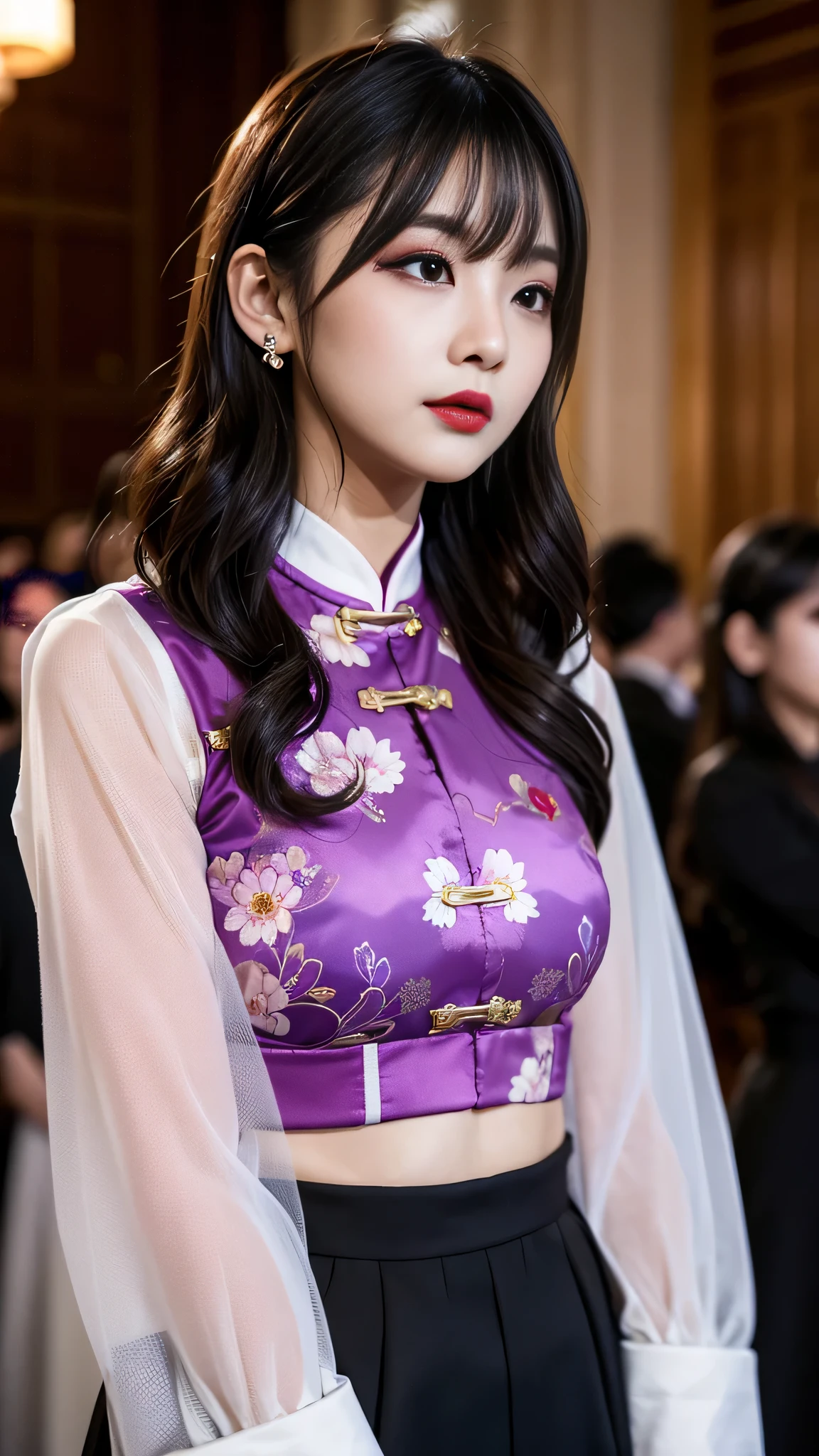 tra-detailed、Japanese、Attractive beauty、seductive adult woman、Pretty Woman、cool girl、brown hair、wavy hair、swept bangs、piercing eyes、hollow eyes、half-closed eyes、Hollow Eyes、Purple Eyeshadow、black lipstick、black lip gloss、dark makeup、smirk、Whisper in my ear、Evil expression、Long Black Cheongsam、Black wide sleeves、Evil cadres、Fallen into evil、brainwash、mind control、evil、Church at night、Swear allegiance、Have lipstick、Are standing