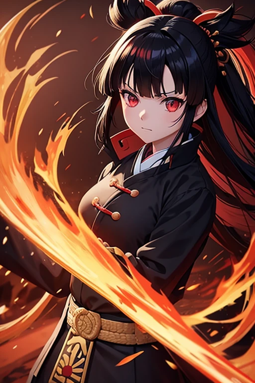 black and lock of hair red, samurai girl, fire/flame trail ,kimetsu no yaiba
