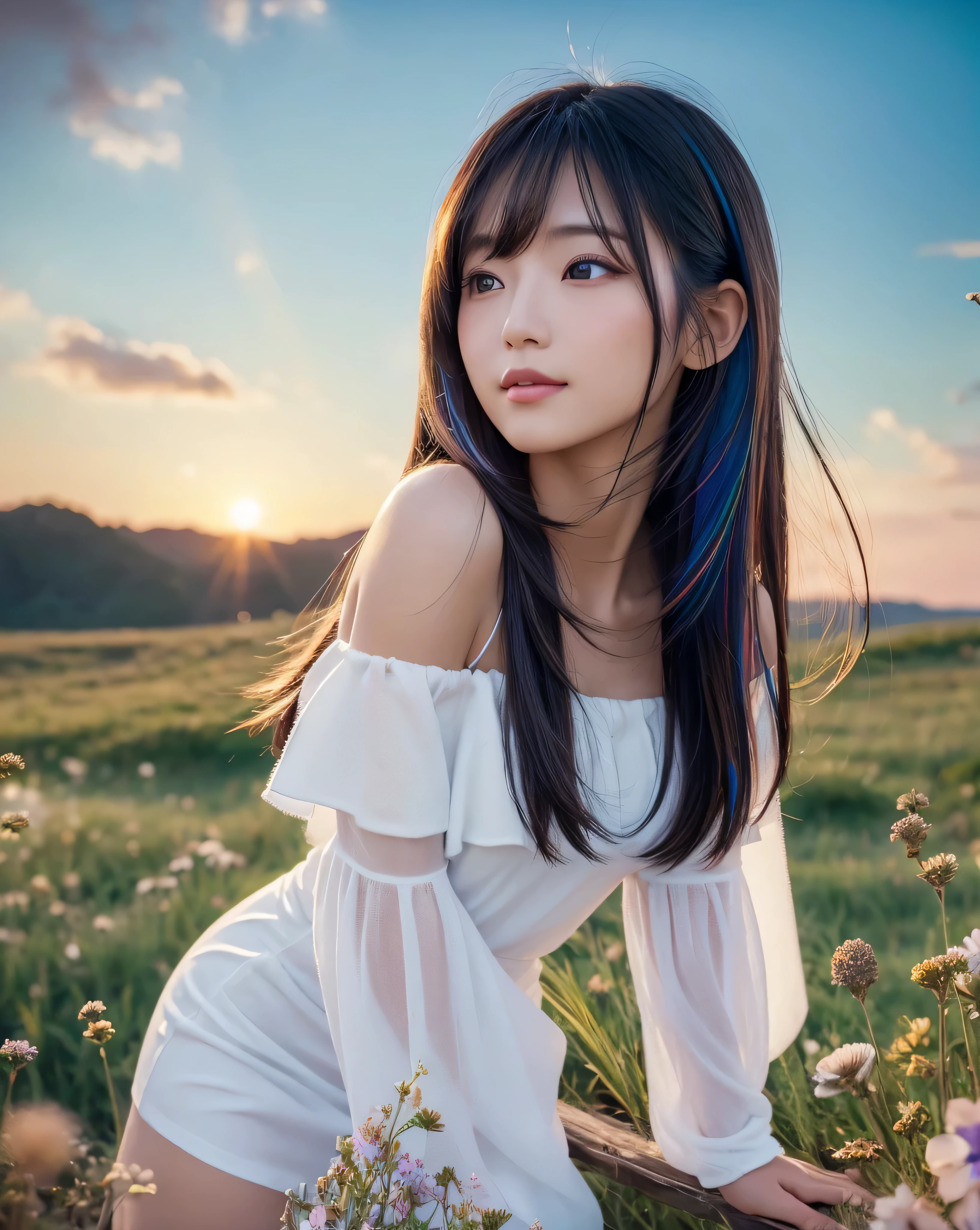 Stunning wide-angle image of a beautiful Japanese woman gazing out over a vast plain, An exceptionally beautiful face, Shiny straight long black hair, Long Bangs, Hair between the eyes, Countless grasses and colorful flowers, Dreamy sky, fluffy clouds, Vivid blue sky, The breeze blowing through her hair, A gentle smile, White off-the-shoulder miniskirt one-piece dress, Surrounded by a peaceful and enchanting atmosphere, Soft natural light illuminates the scene, Creates a magical and surreal atmosphere. (highest quality, Very detailed, Realistic:1.37), ((Colorful glowing light effect:1.3)), Professional Lighting, Professional photographer, Professional models
