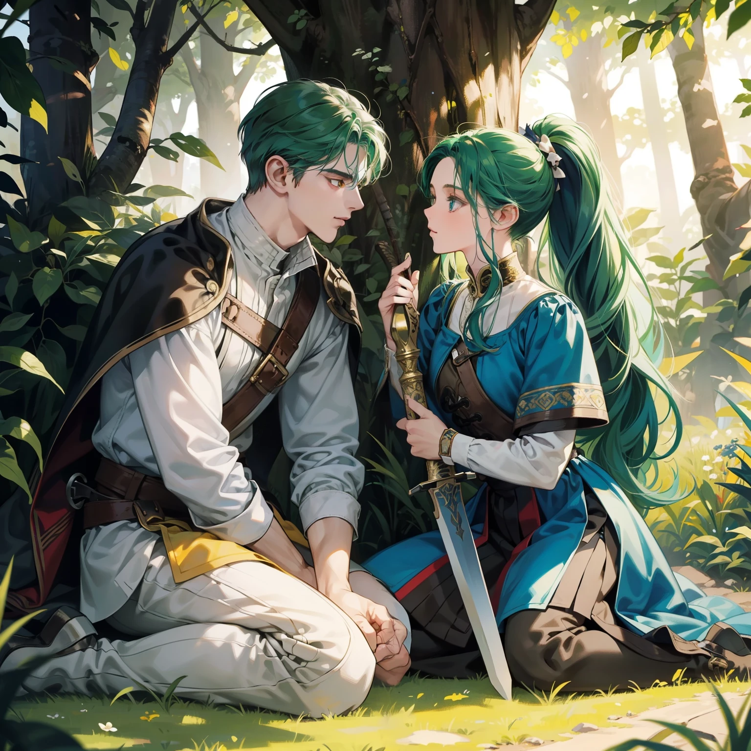 Full-length shot of two characters: a girl with a ponytail with dark blue-green hair and a man with yellow wavy hair. Medieval times, fantasy forest, Enemies, A man with short yellows and sitting on the ground near a huge tree. A girl in a green winter hunting bone with a sword won the duel! A man in a light white shirt and sitting on the ground next to a tree